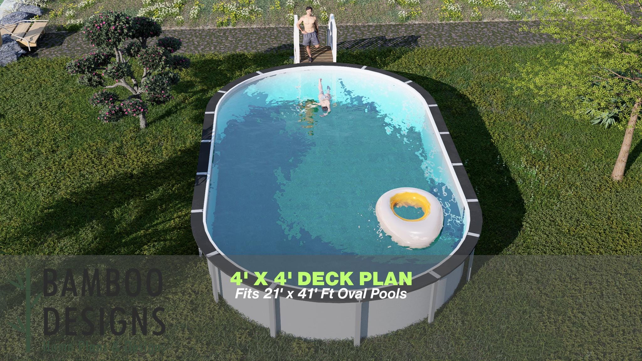 Image of Quartz Hill Oval Pool Deck Plan - 4x4 Compact Entry Deck with 5-Step Staircase | DIY PDF Plans