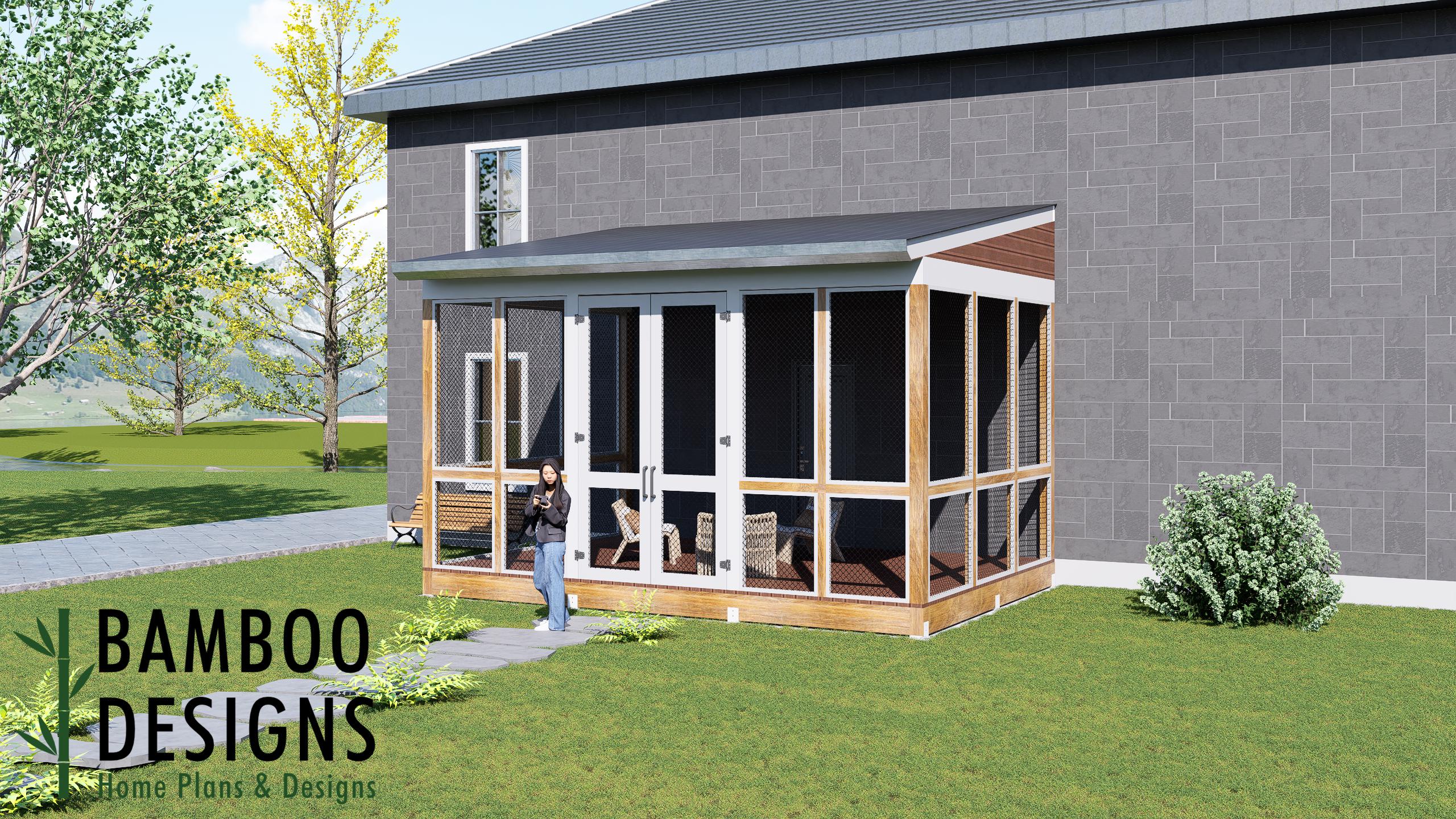 Image of Baker 14x20 Monoslope Sunroom Plan – Modern Backyard Sunroom with Lean-To Roof | DIY Backyard Sunroom PDF Plans