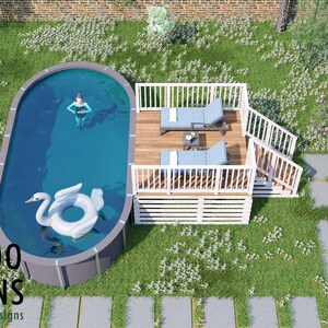 May include: An aerial view of a backyard with a pool, deck, and landscaping. The oval-shaped pool has a swan floatie and a person swimming. The deck has two lounge chairs. The text "BAMBOO DESIGNS Home Plans & Designs" is in the lower left corner.