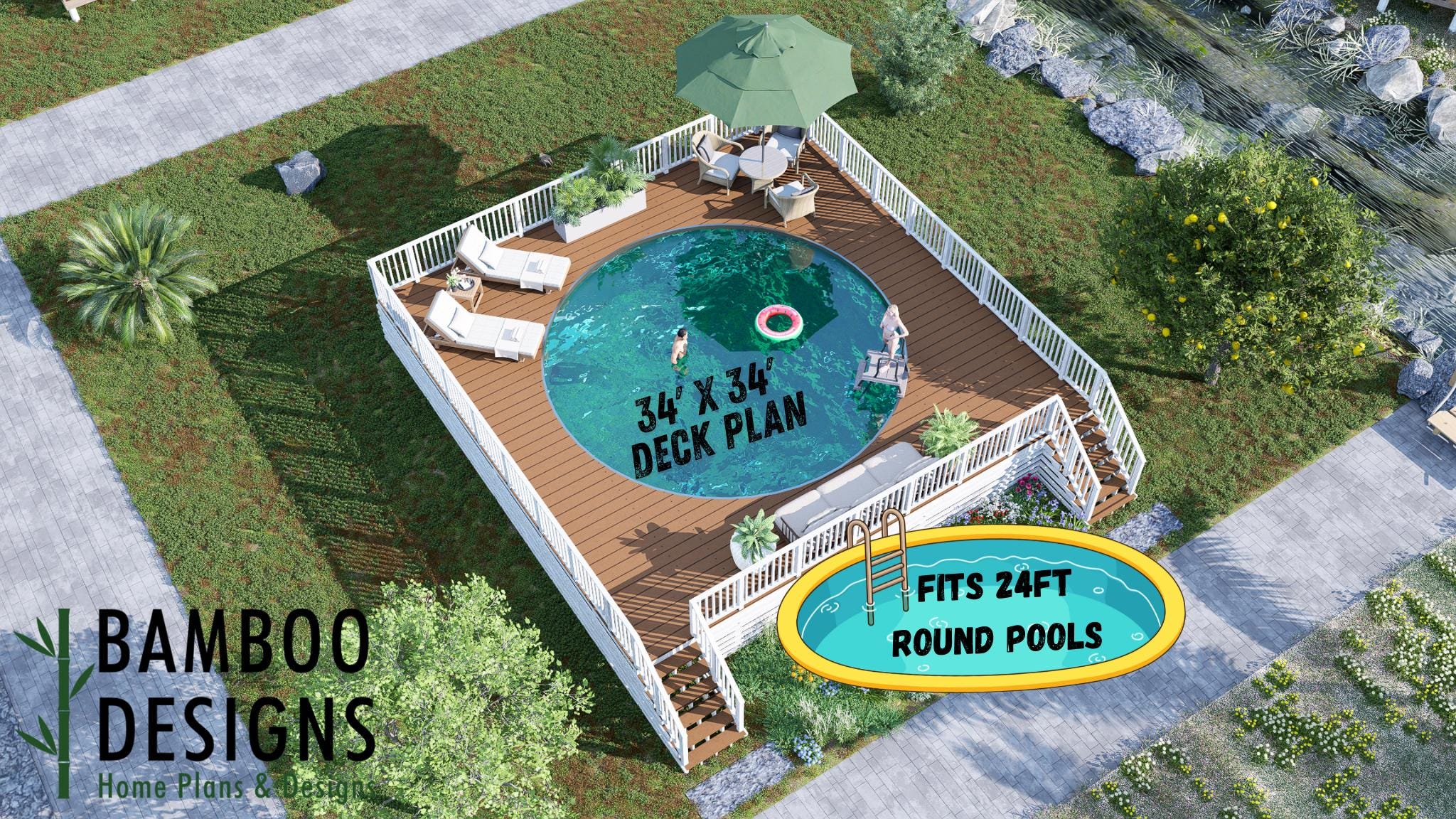 Image of Highpoint 34x34 Circle Pool Deck Plan - DIY Above-Ground Pool Deck | Wrap-Around Lounge & Entertainment Space | PDF Building Plans