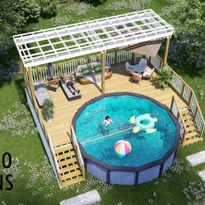 Raleigh 17x26 Pool Deck Plan with Pergola – Elevated Above-Ground Pool Deck + Shade Structure | PDF + DWG DIY Plans