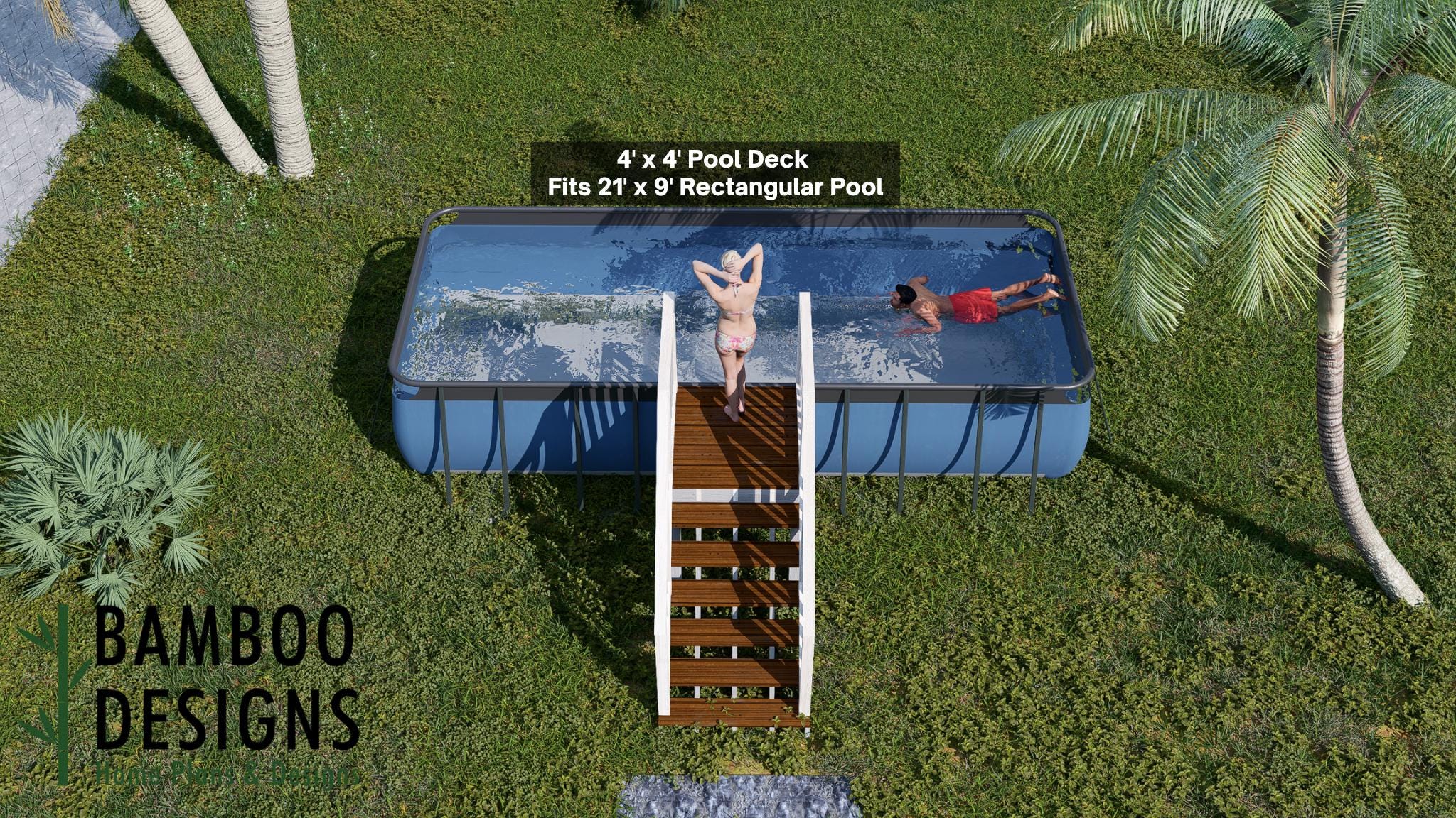 Image of Tampa 21x9 Pool Deck Plan - 4x4 Above-Ground Pool Entry Deck with Railings | DIY PDF Plans