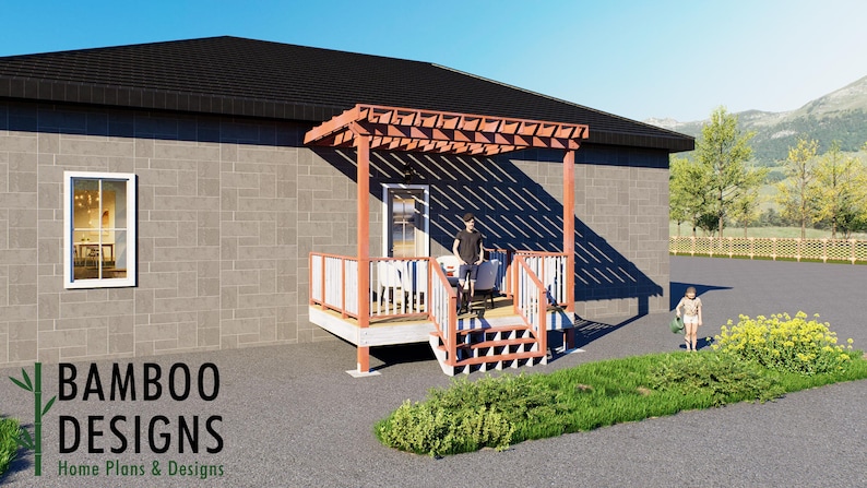 Rangel 10x14 Attached Deck Plan Stylish Pergola-Covered Outdoor Living Space plan by Bamboo Designs