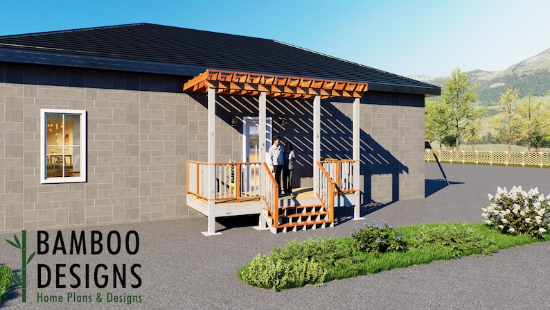 Kalin 8x16 Attached Deck Plan with Pergola plan by Bamboo Designs