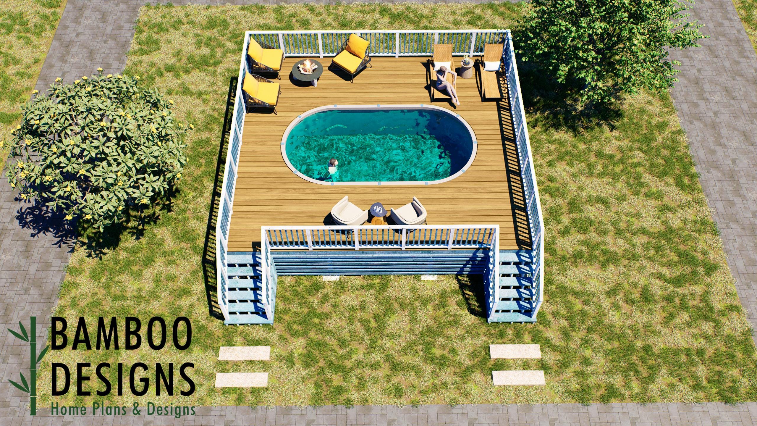 Image of Via Romana Oval Pool Deck Plan - 24' x 26' Above-Ground Pool Deck for 10' x 18' Oval Pools with Staircase & Spacious Lounge Area | DIY PDF Plans