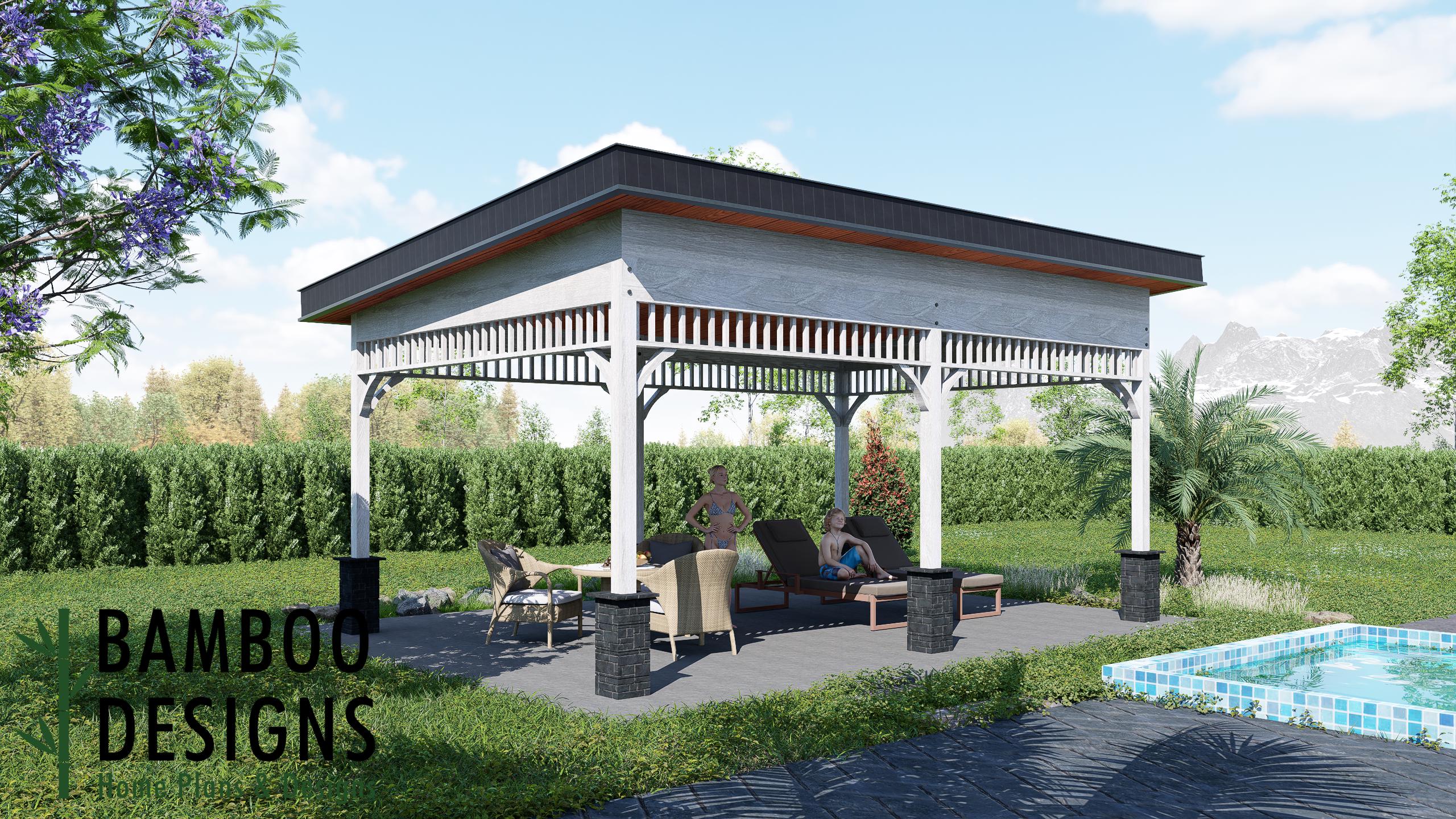Image of Crete 16x24 Gazebo Plan - Modern Sloped Roof Pavilion | DIY Backyard Lounge & Poolside Shelter | PDF Building Plans