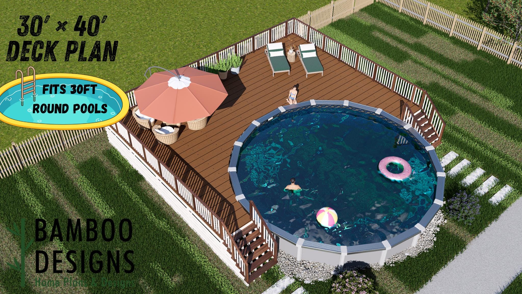 Image of Tortuga - 30' Round Pool Deck Plan | 30x40 Wrap Lounge Deck | DIY PDF Plans