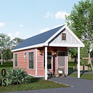 May include: A rendering of a small, red-sided house with a blue roof and white trim. The house has a covered porch and is surrounded by green grass and trees. The text "BAMBOO DESIGNS" is at the bottom left.