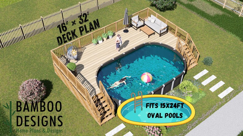 Bilbo Oval Pool Deck · 16x32 plan by Bamboo Designs