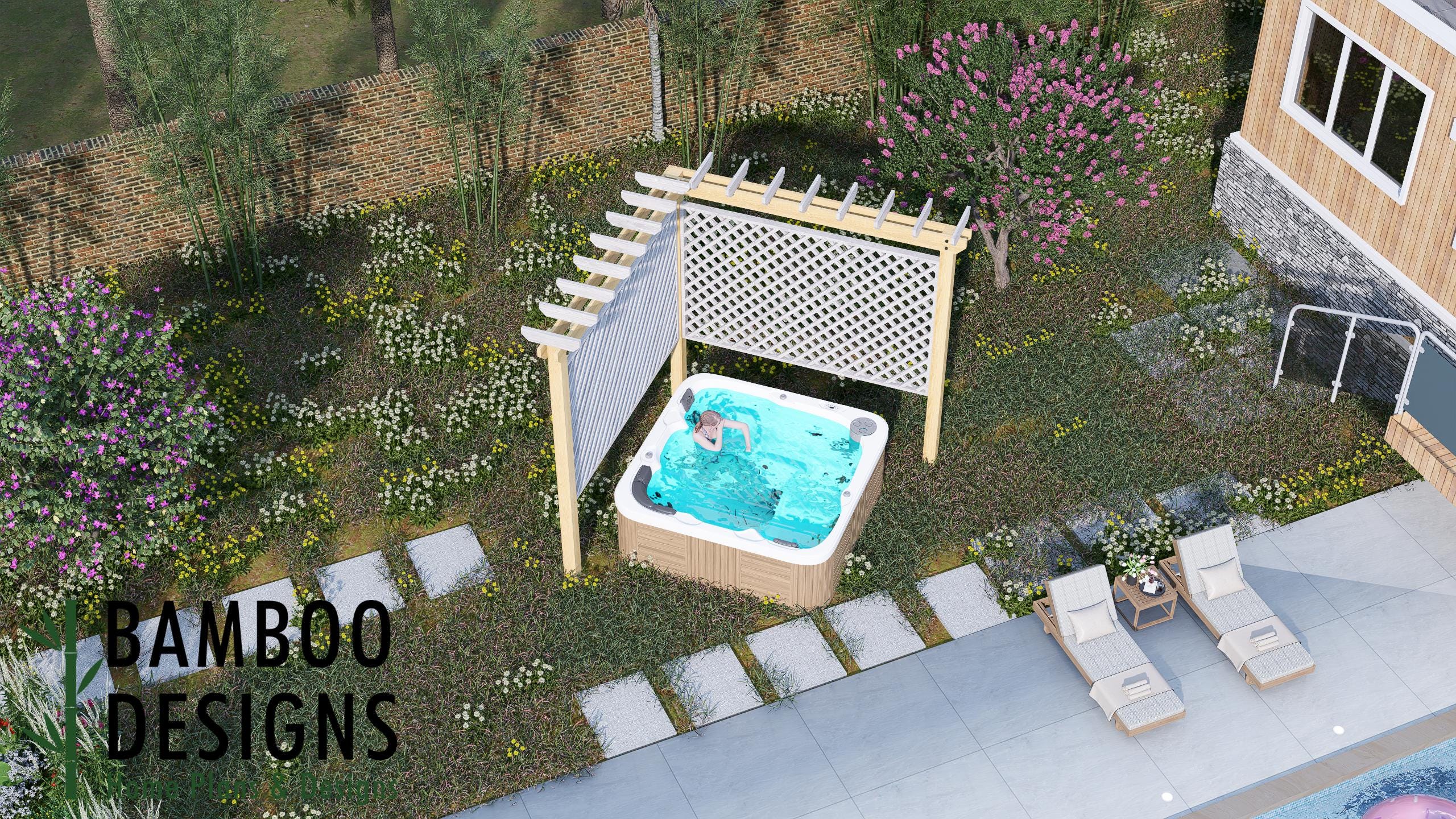 Image of Naples 10ft Hot Tub Pergola Plan - Corner Spa Enclosure with Dual Privacy Lattice | DIY PDF Plans
