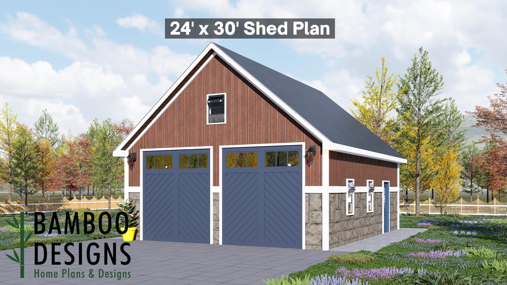 Image of Navy 24x30 Garage Shed Plan - A Craftsman Carriage-Style Garage with Stone Base & Dual Barn Doors