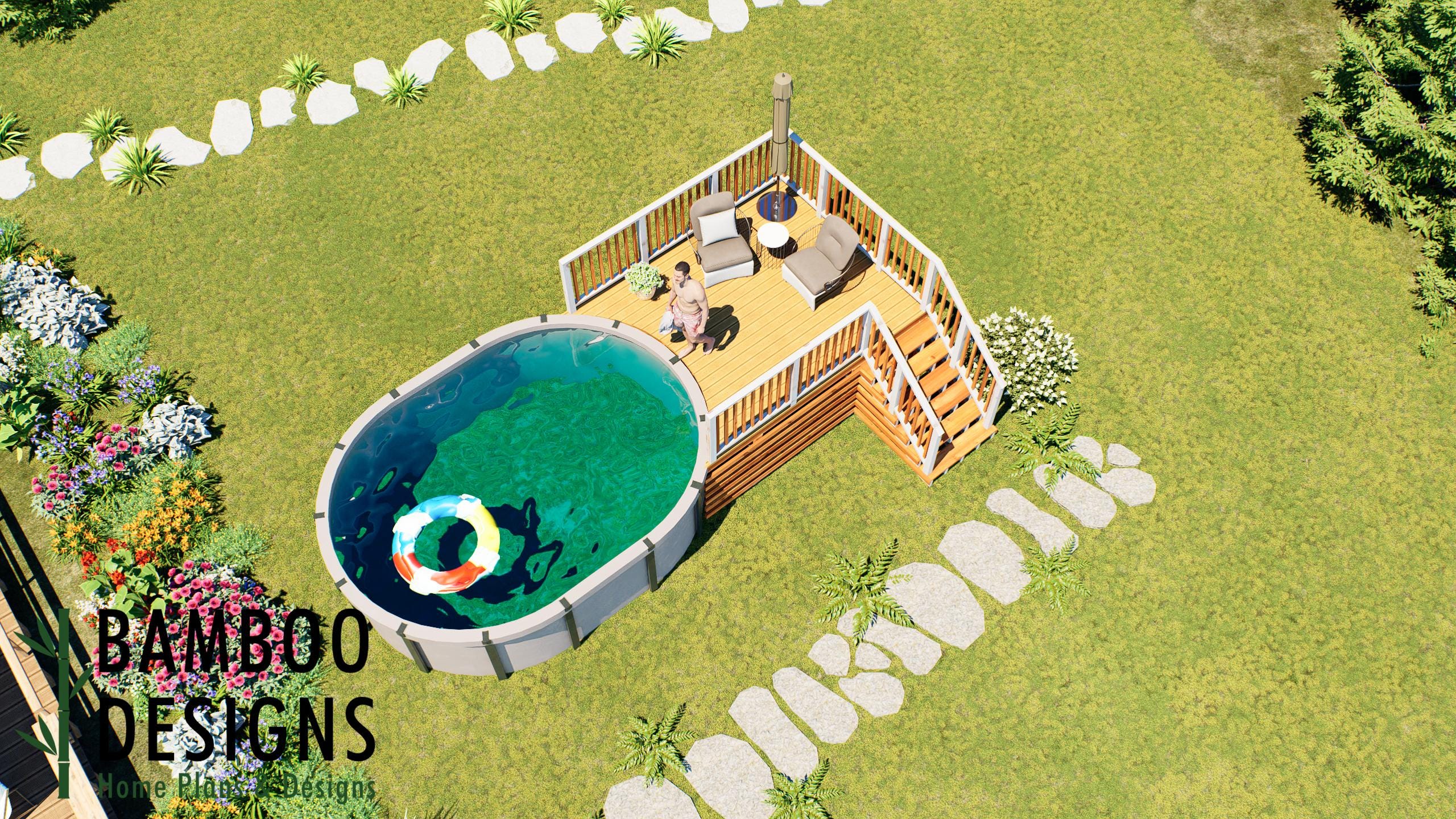 Image of Lio Oval Pool Deck Plan - 10x10 Above-Ground Pool Entry Deck with Staircase & Poolside Seating Area | DIY PDF Plans