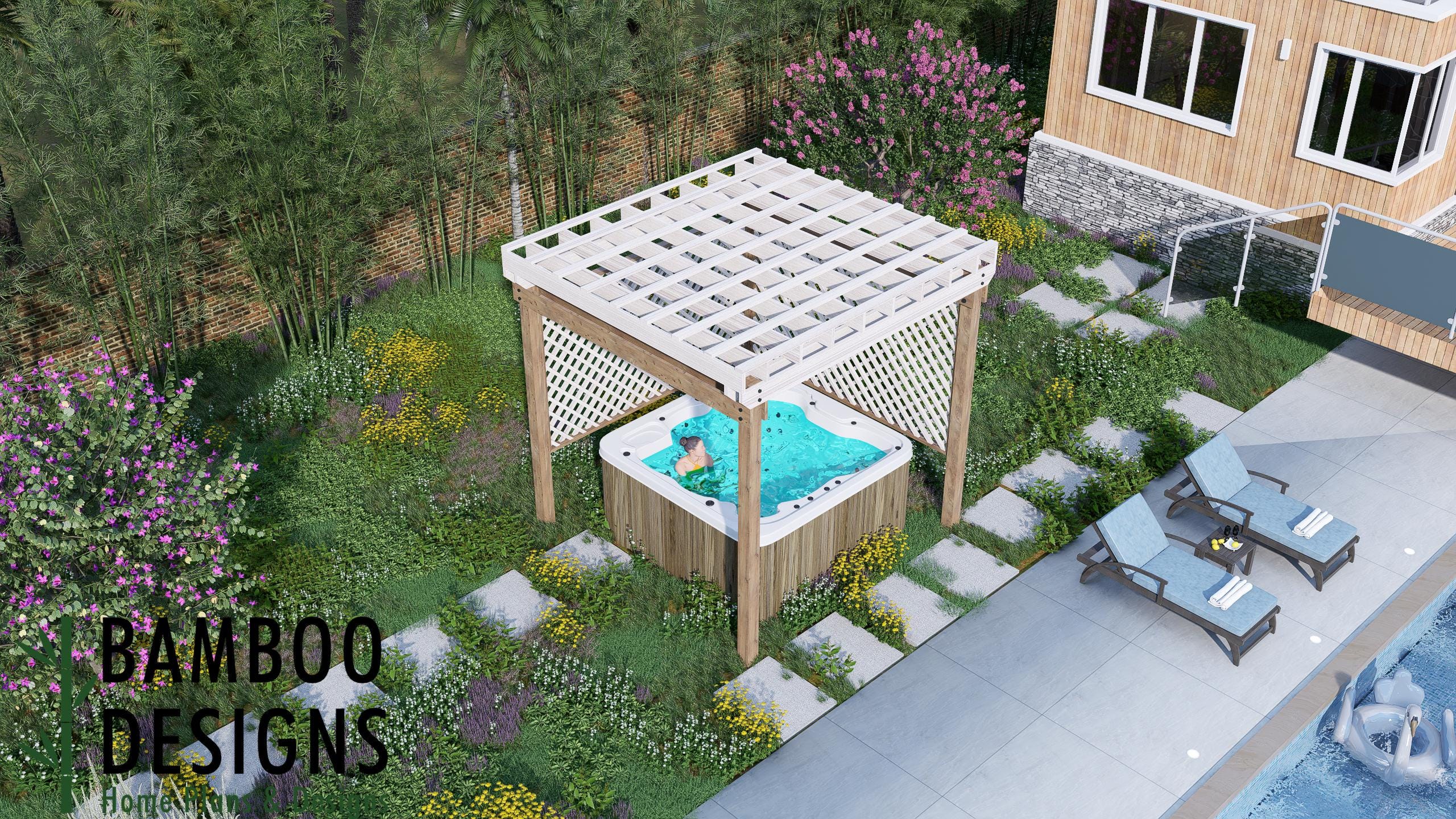Image of Palm Springs Jacuzzi Pergola Plan - 10x10 Spa Cover with Privacy Lattice | DIY Hot Tub Shelter PDF + DWG Plans