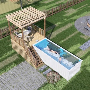 Yuma Container Pool Deck Plan with Pergola – 10x12 Elevated Deck + Shade Pergola | DIY PDF + DWG Plans
