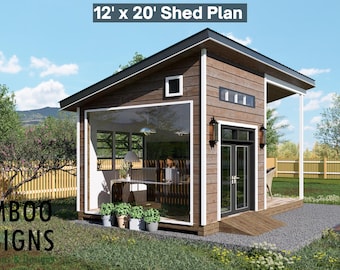 Korr 12x20 Backyard Office Shed Plan – Modern Sloped Roof Studio with Porch | DIY Building Plans (PDF)