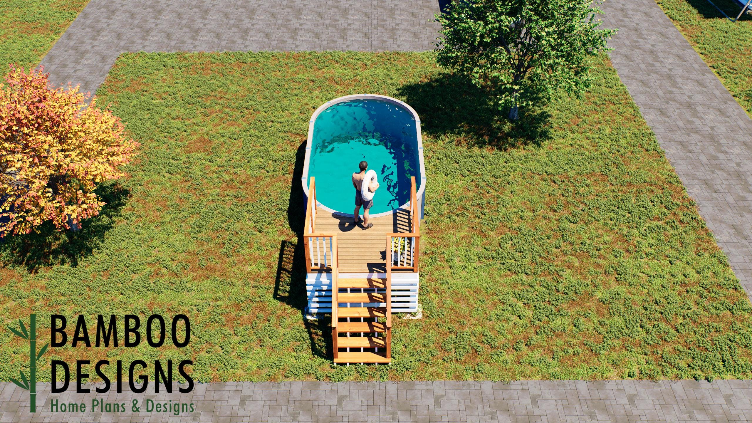 Image of Danilo Oval Pool Deck Plan - 6x8 Above-Ground Pool Entry Deck with Staircase & Safety Railings | DIY PDF Plans
