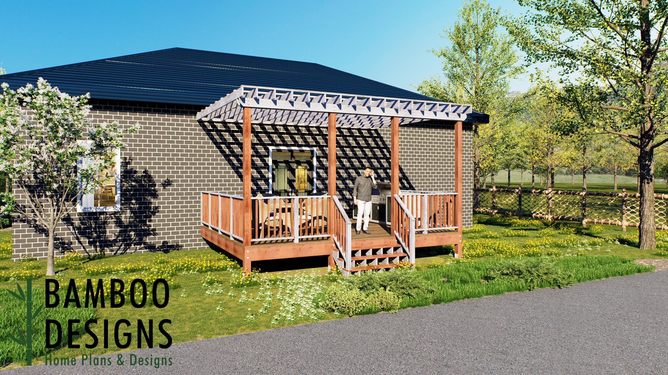 Image of Juzo 16x20 Attached Deck Plan with Pergola - Premium Outdoor Living Space for Entertaining, Dining, and Relaxation