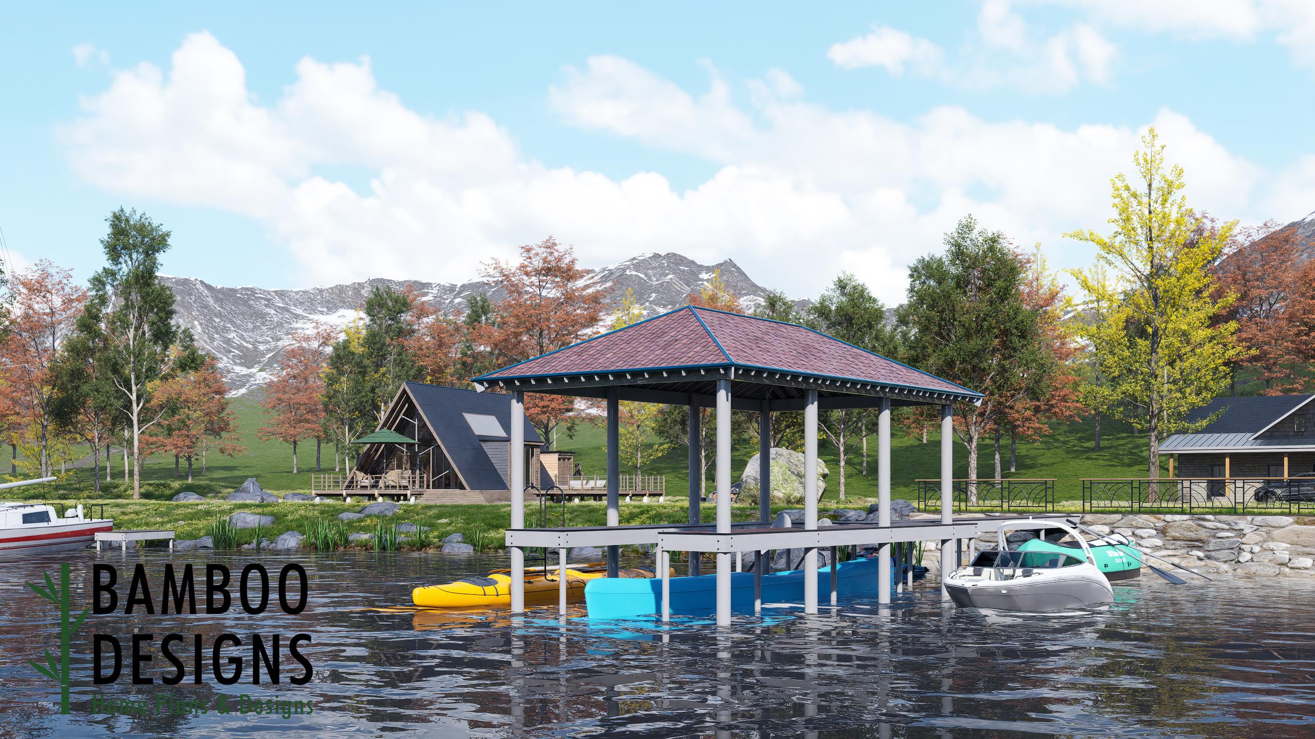 Image of Lake Travis 16x34 Covered Dock with Boat Slip | DIY Dock Plans with Kayak Launch | Waterfront Pier with Hip Roof