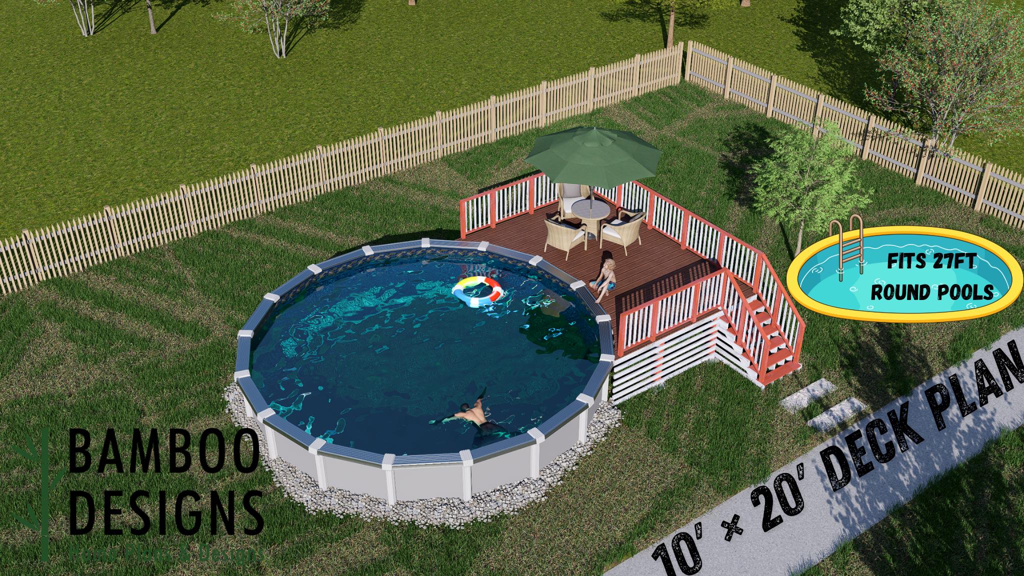 Plano de terraza de piscina circular de Island Escape: terraza elevada de 10 x 20 para piscinas elevadas / Planos en PDF para bricolaje