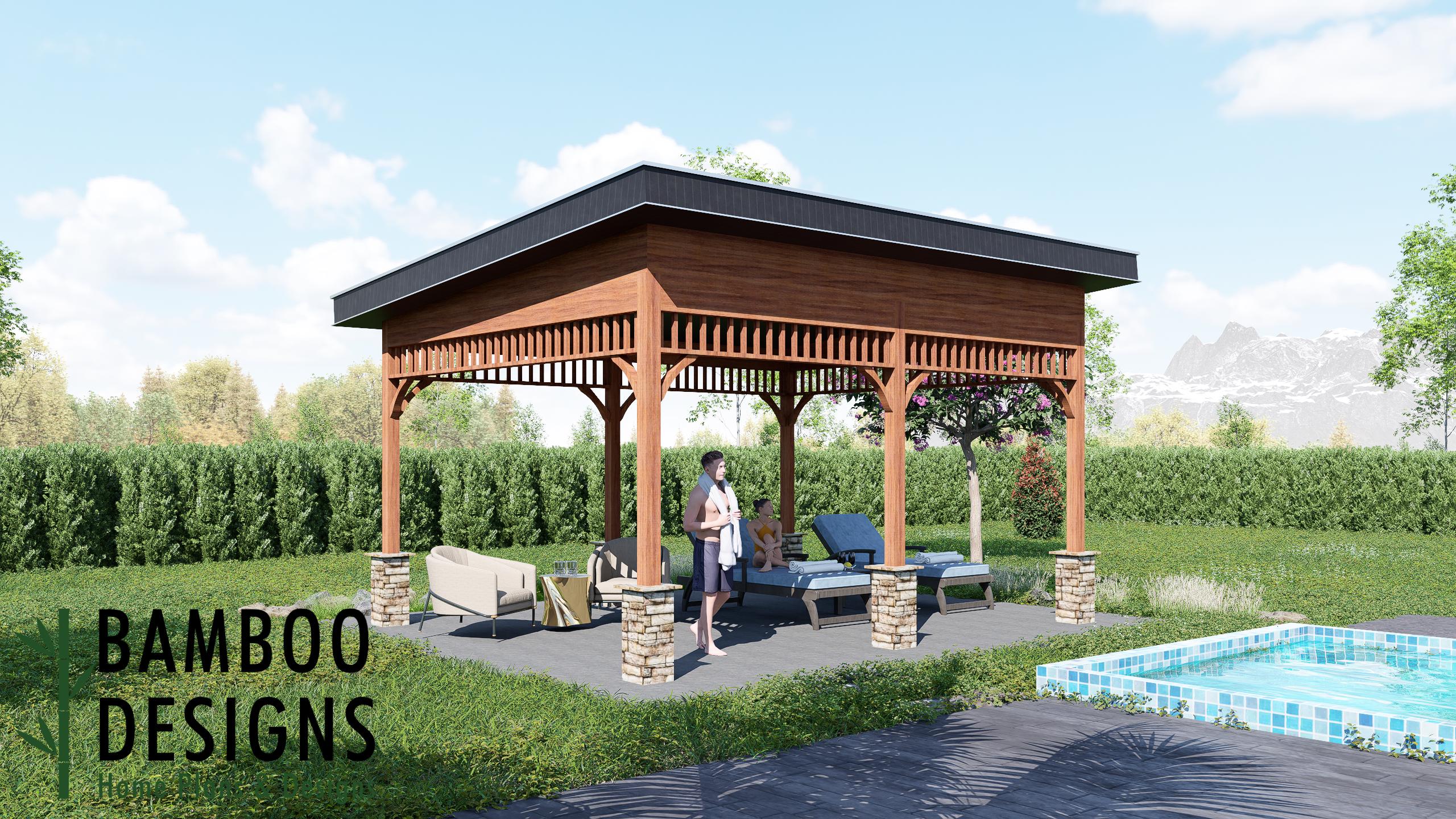 Image of Paros 16x20 Sloped Roof Gazebo Plan - Modern Outdoor Pavilion | DIY Poolside Lounge or Backyard Shelter | PDF Building Plans