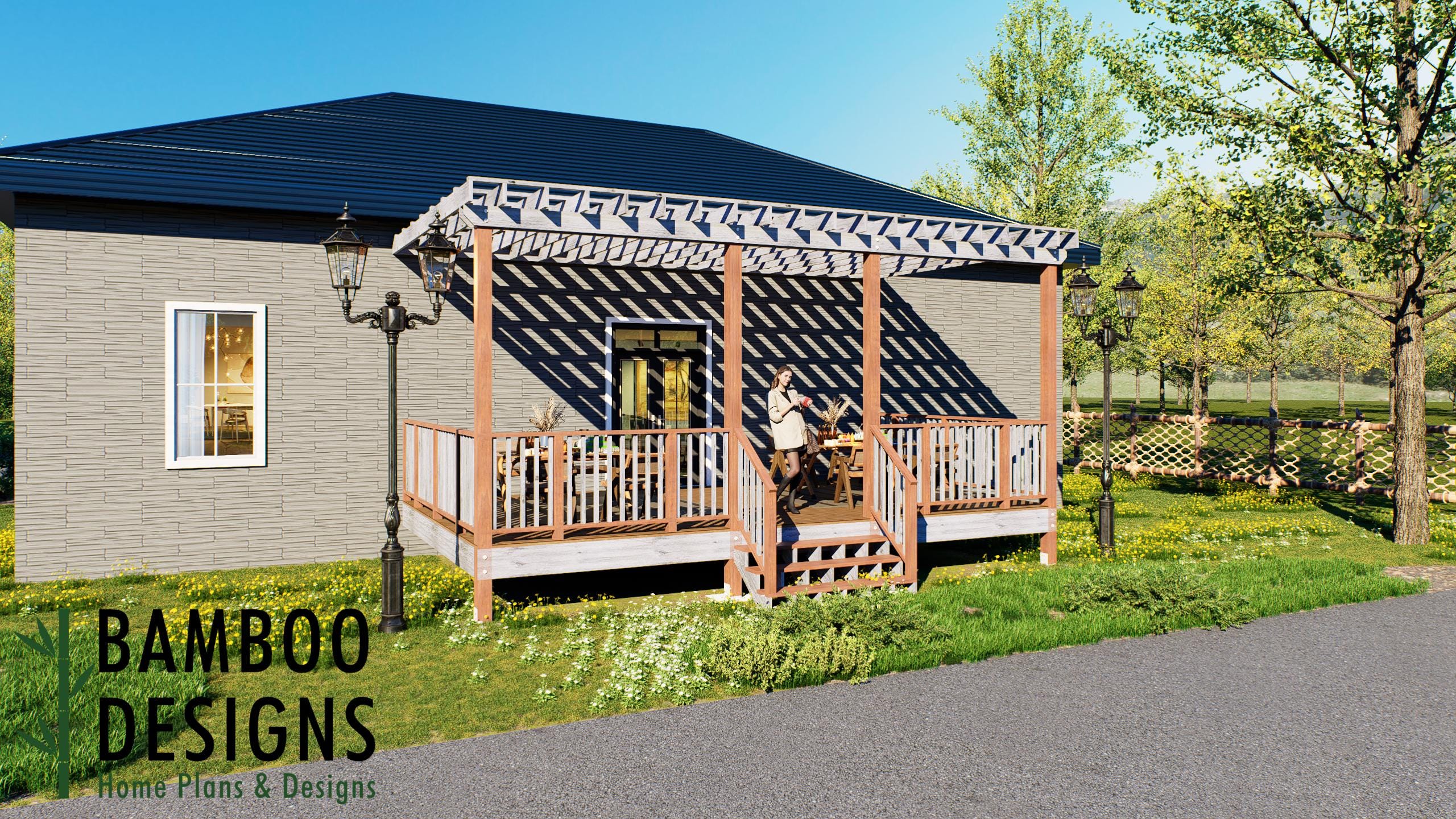 Image of Flora 14x24 Attached Deck Plan with Pergola - Spacious Backyard Entertainment Deck with Timeless Outdoor Appeal