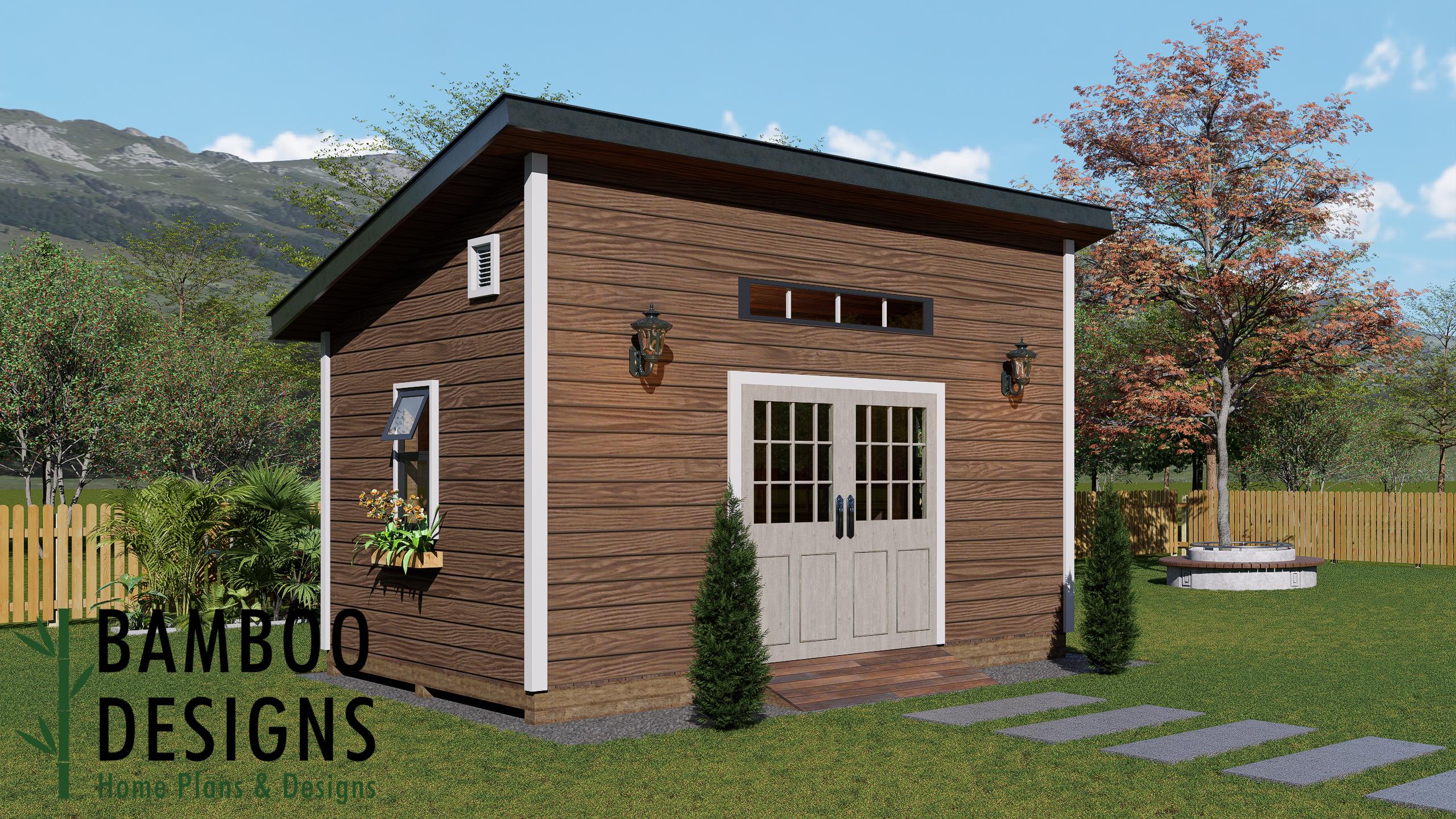 Pandora 12×16 sloped-roof garden studio plan by Bamboo Designs