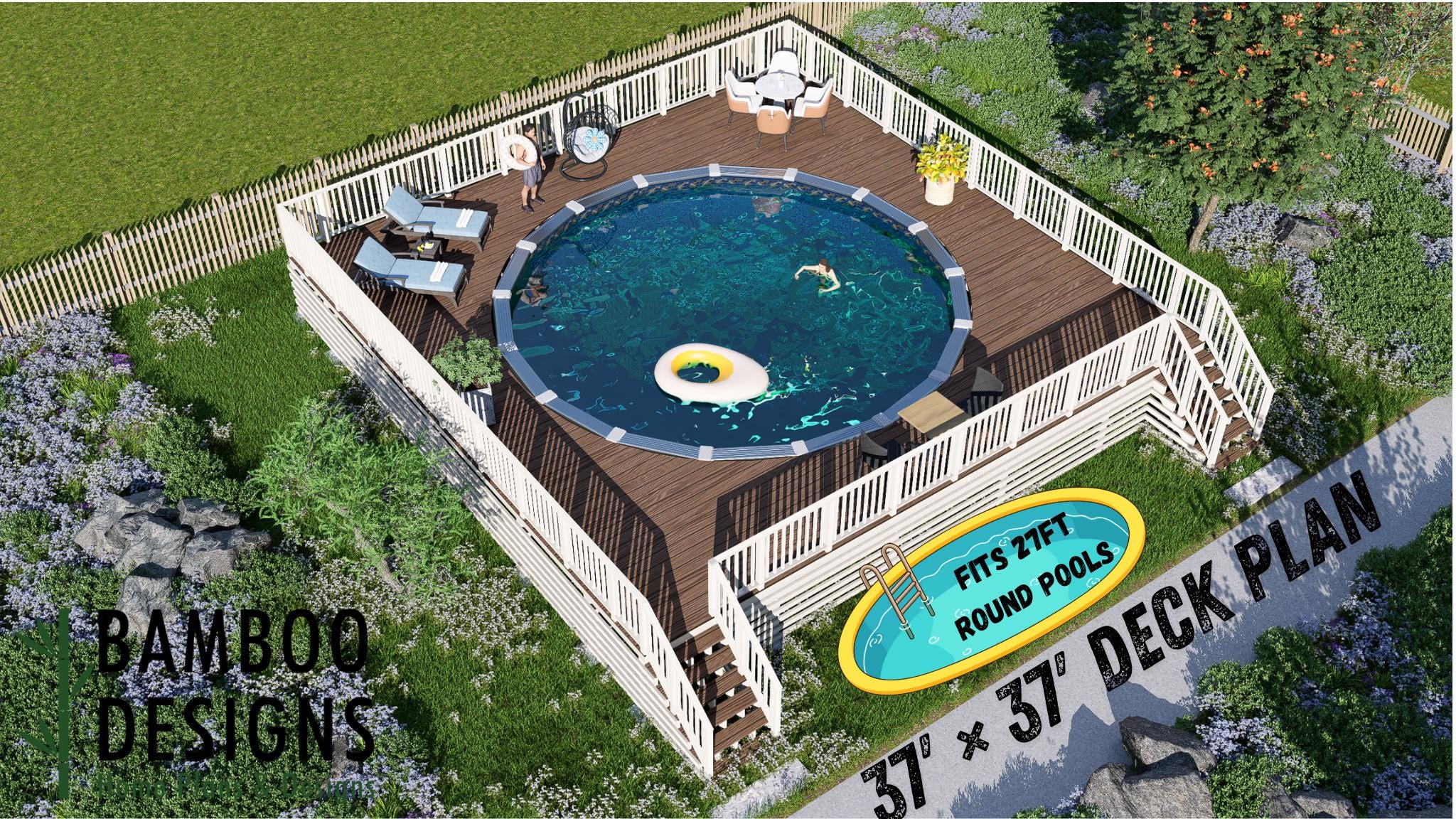Image of The Venetian Waterway - 37x37 Circle Pool Deck Plan | Wrap-Around Above-Ground Deck | DIY PDF Plans