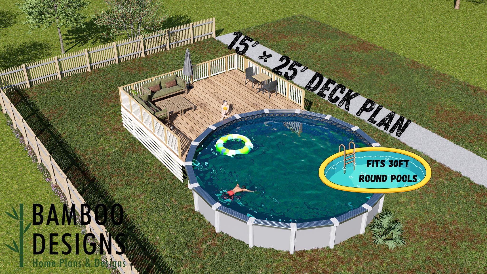 Image of Vine Valley - 30' Round Pool Deck Plan | 15x25 Elevated Deck with Stair Entry | DIY PDF Blueprint