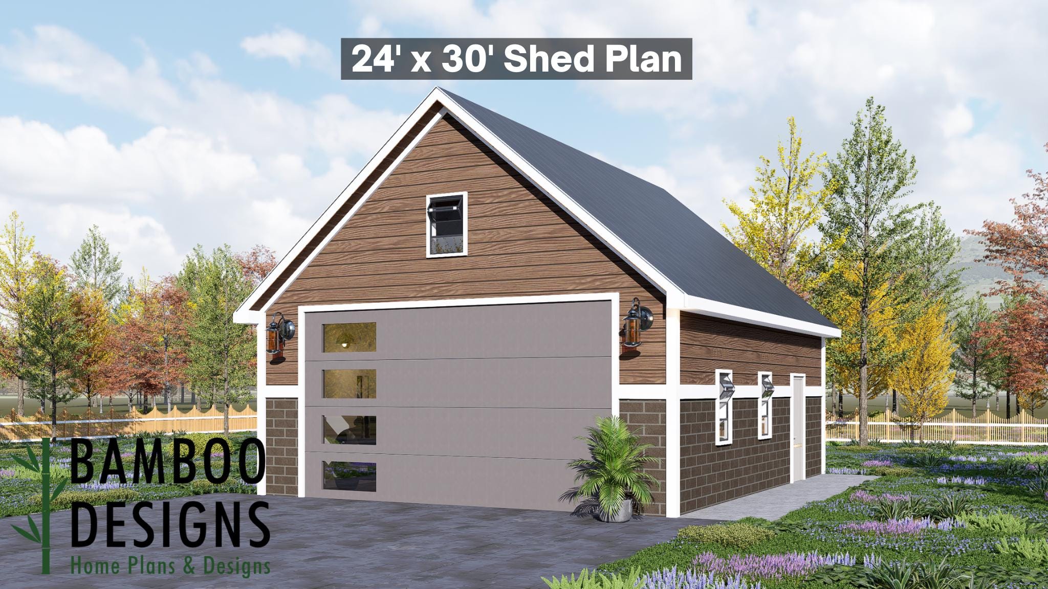 Image of Bronze 24x30 Garage Shed Plan - A Craftsman Garage with Wood + Brick Exterior & Expansive Gable Roof