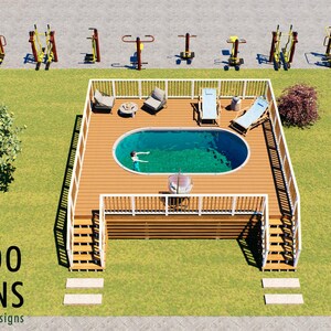 Imperio Oval Pool Deck Plan – 24' x 27' Large Above-Ground Pool Deck for 10' x 19' Oval Pools with Staircase | DIY PDF Plans