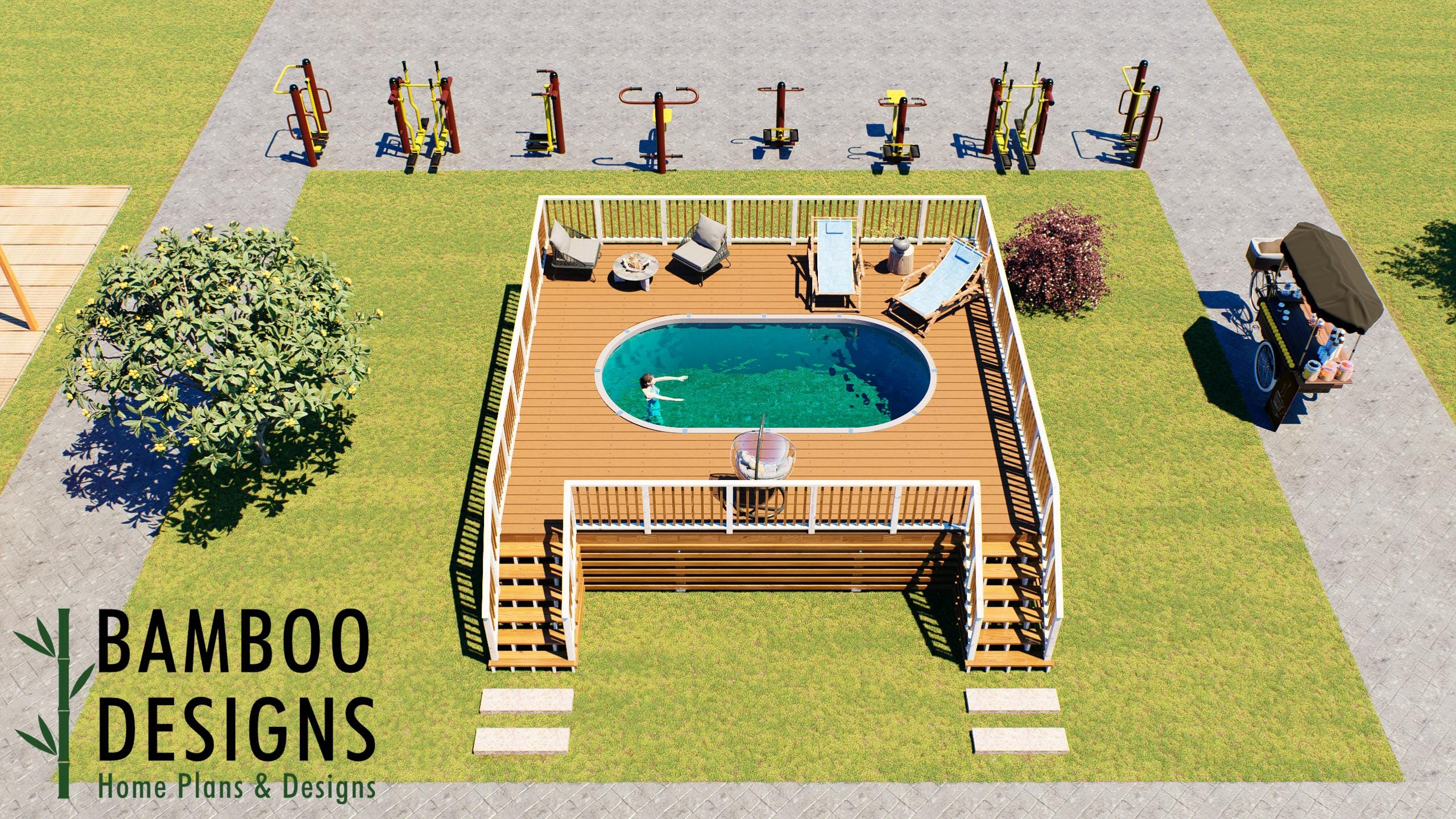 Image of Imperio Oval Pool Deck Plan - 24' x 27' Large Above-Ground Pool Deck for 10' x 19' Oval Pools with Staircase | DIY PDF Plans