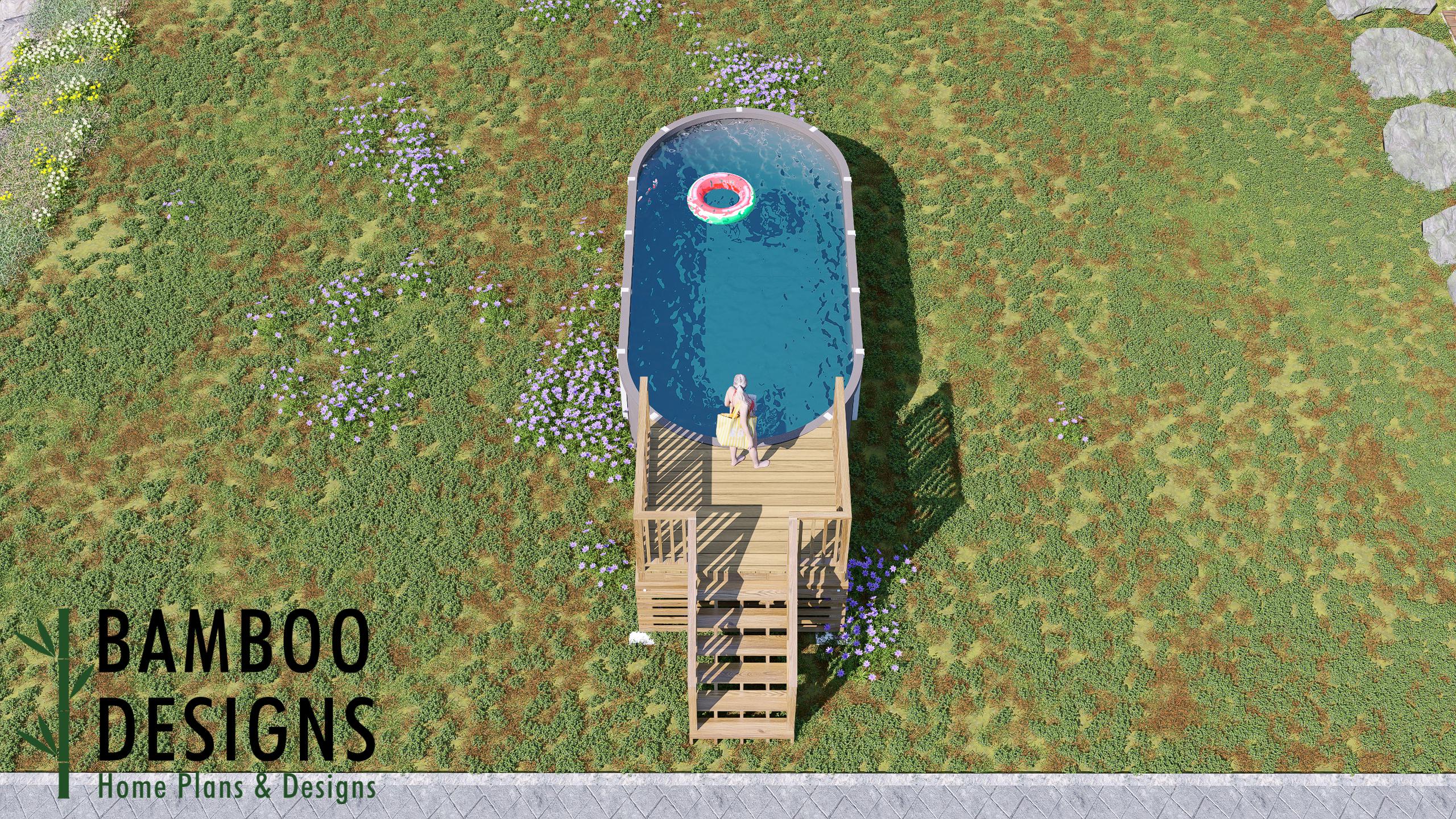 Image of Carlin Oval Pool Deck Plan - 6x8 Compact Above-Ground Pool Entry Deck with 5-Step Staircase | DIY PDF Plans