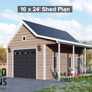 Puede incluir: Plano de cobertizo de 4,88 m x 7,32 m. El cobertizo tiene un exterior marrón, una puerta de garaje negra y un techo azul oscuro. La imagen incluye el texto "16 x 24' Shed Plan" y el logotipo de Bamboo Designs.