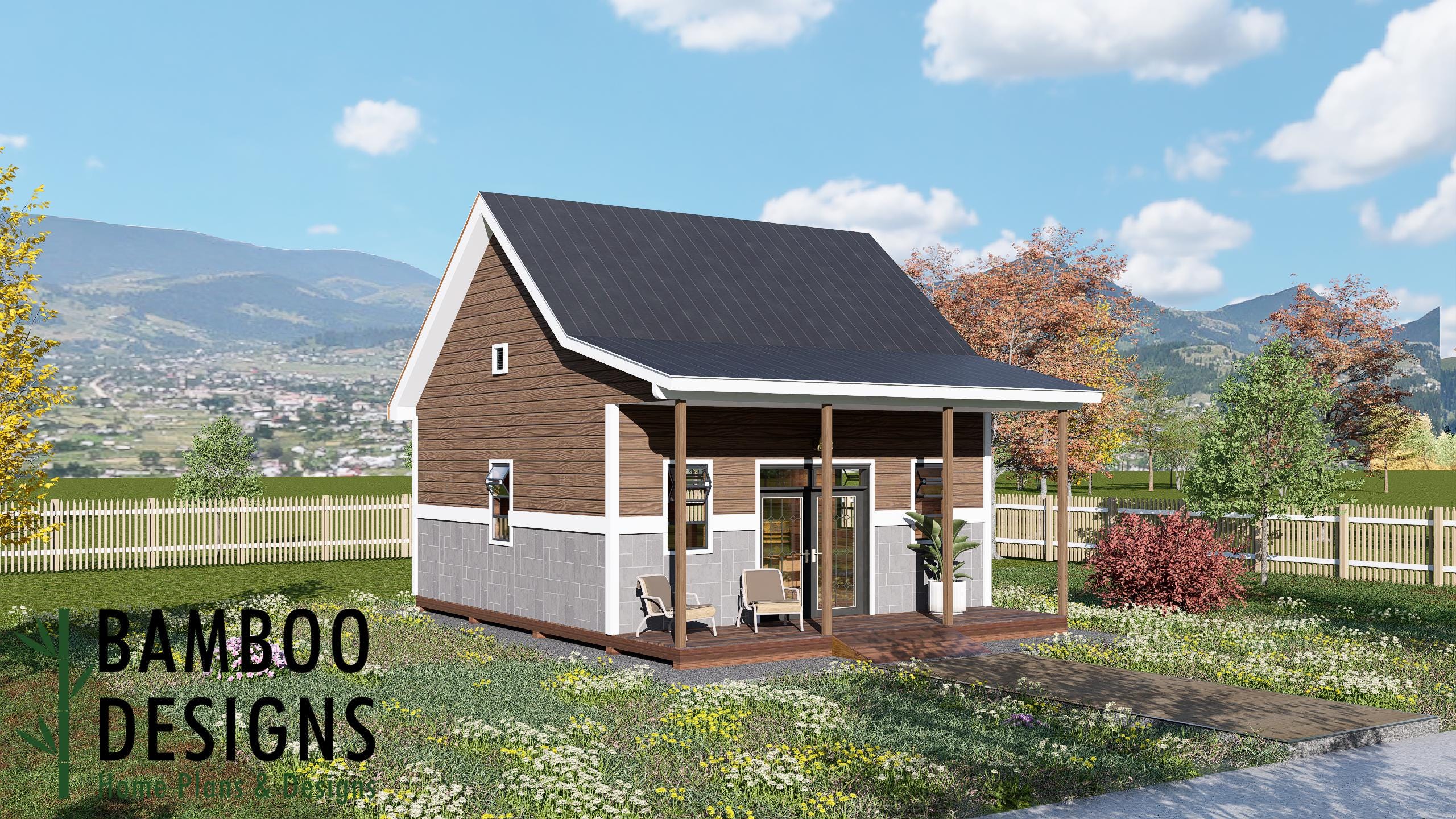 Image of Hunter 20x20 Porch Shed Plan - A Rustic Retreat with Classic Gable Roof & Covered Outdoor Space