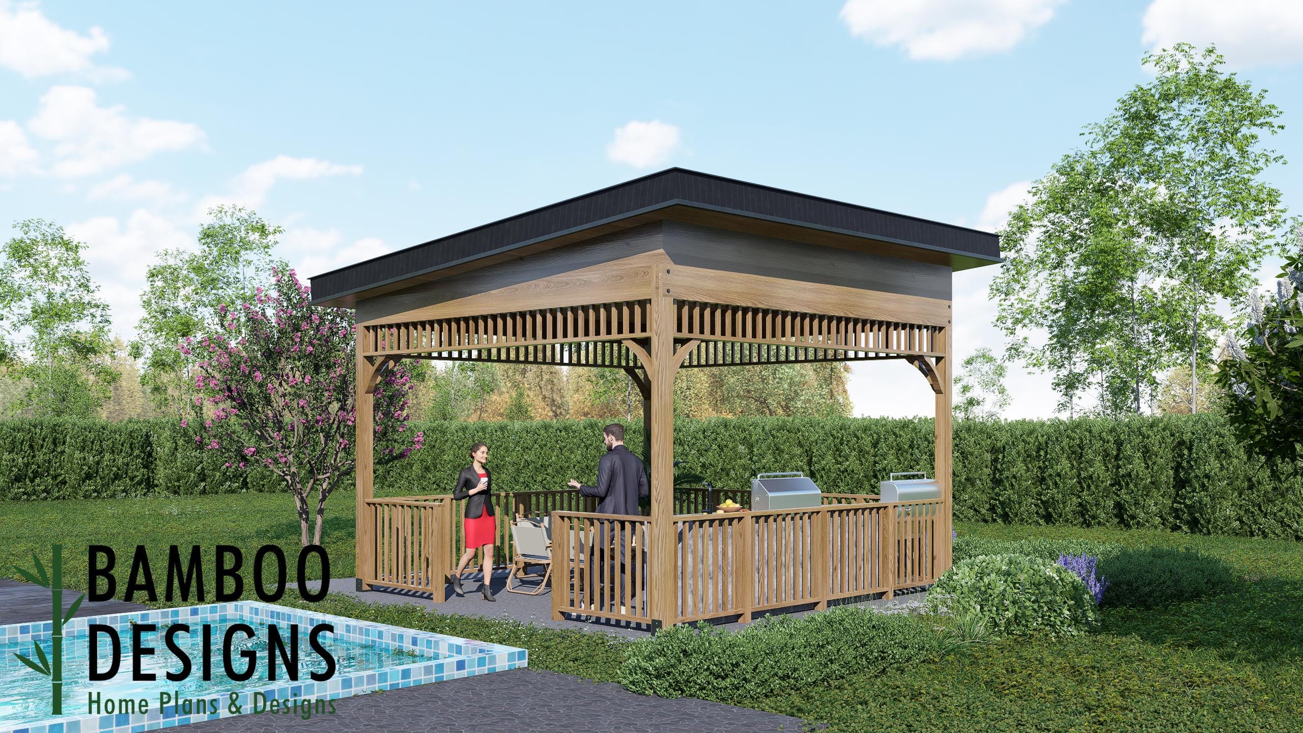 Image of Lyon 16x16 Modern Gazebo Plan - Sloped Roof Outdoor Pavilion | DIY Backyard Grill or Lounge Area (PDF)