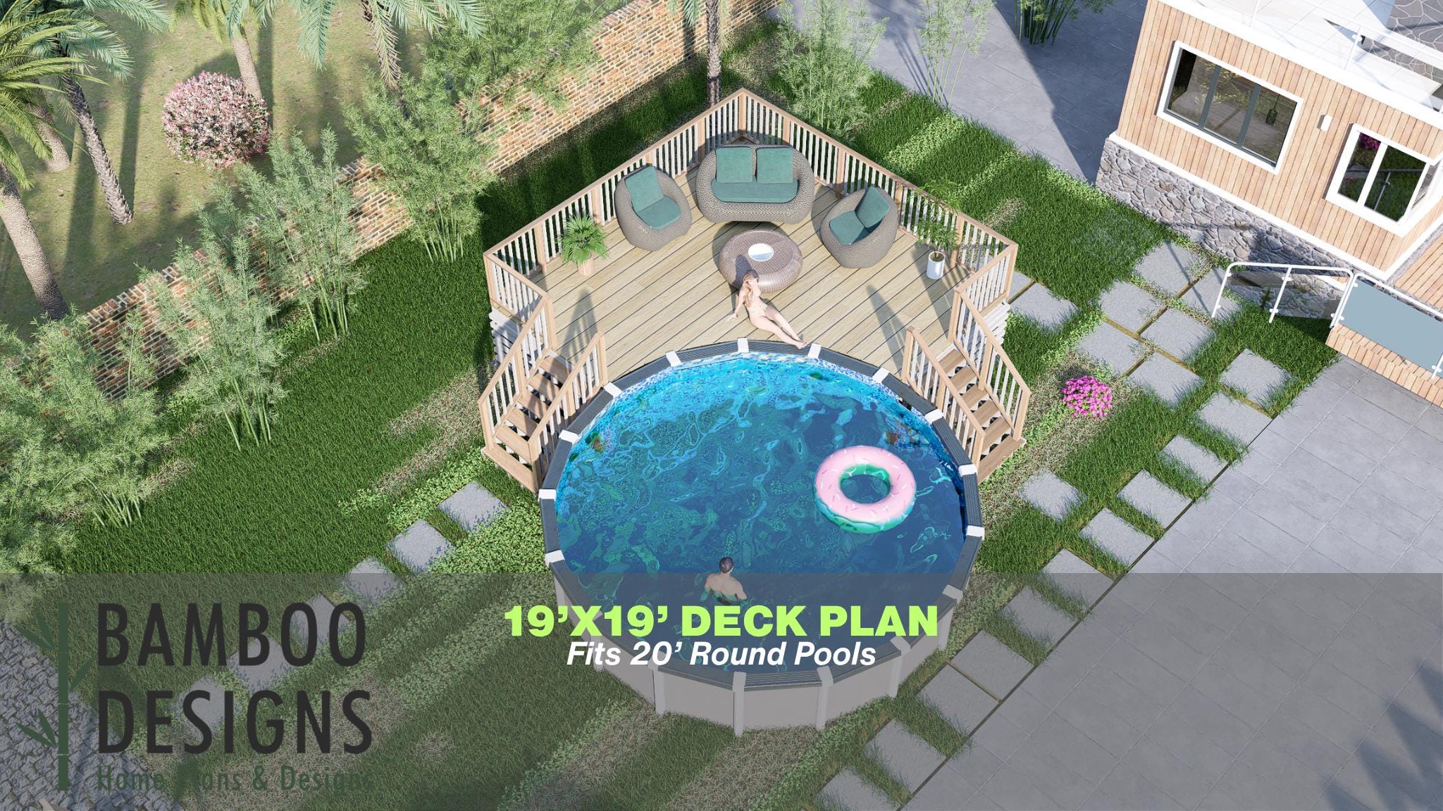 Image of Saratoga Round Pool Deck Plan - 19x19 Large Above-Ground Pool Deck Platform with Staircase for 20' Pools | DIY PDF Plans