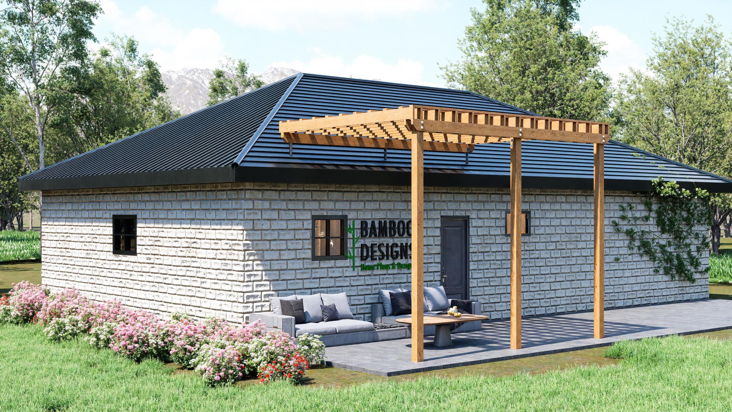 Image of Austin Air 12x16 Pergola Plan - Wall-Mounted Patio Cover PDF - Modern Roof-Attached Shade - Easy DIY Outdoor Living Kit