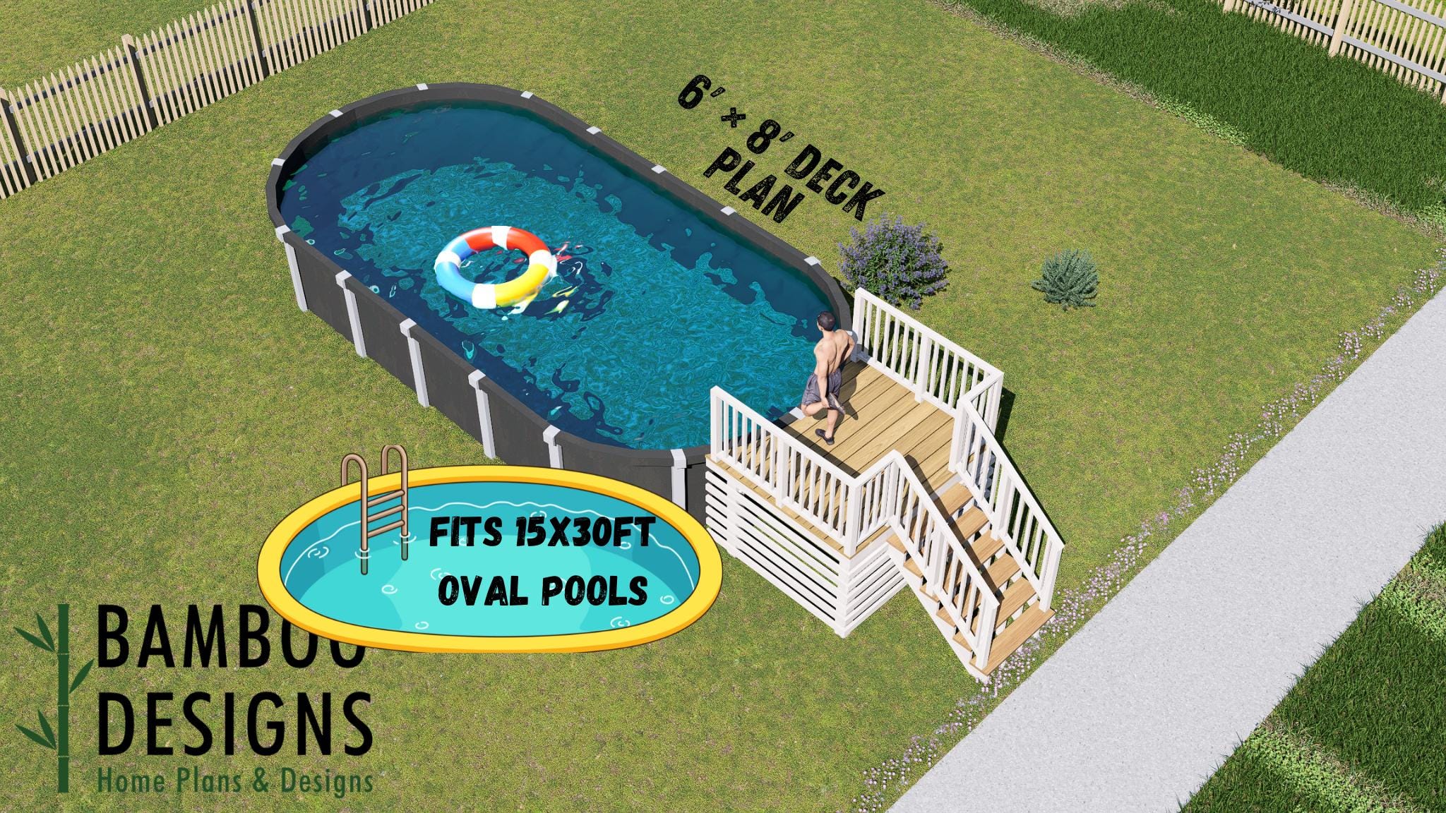 Image of Allay Oval Pool Deck Plan - 6x8 Pool Deck for 15x30 Oval Pools | DIY PDF Plans
