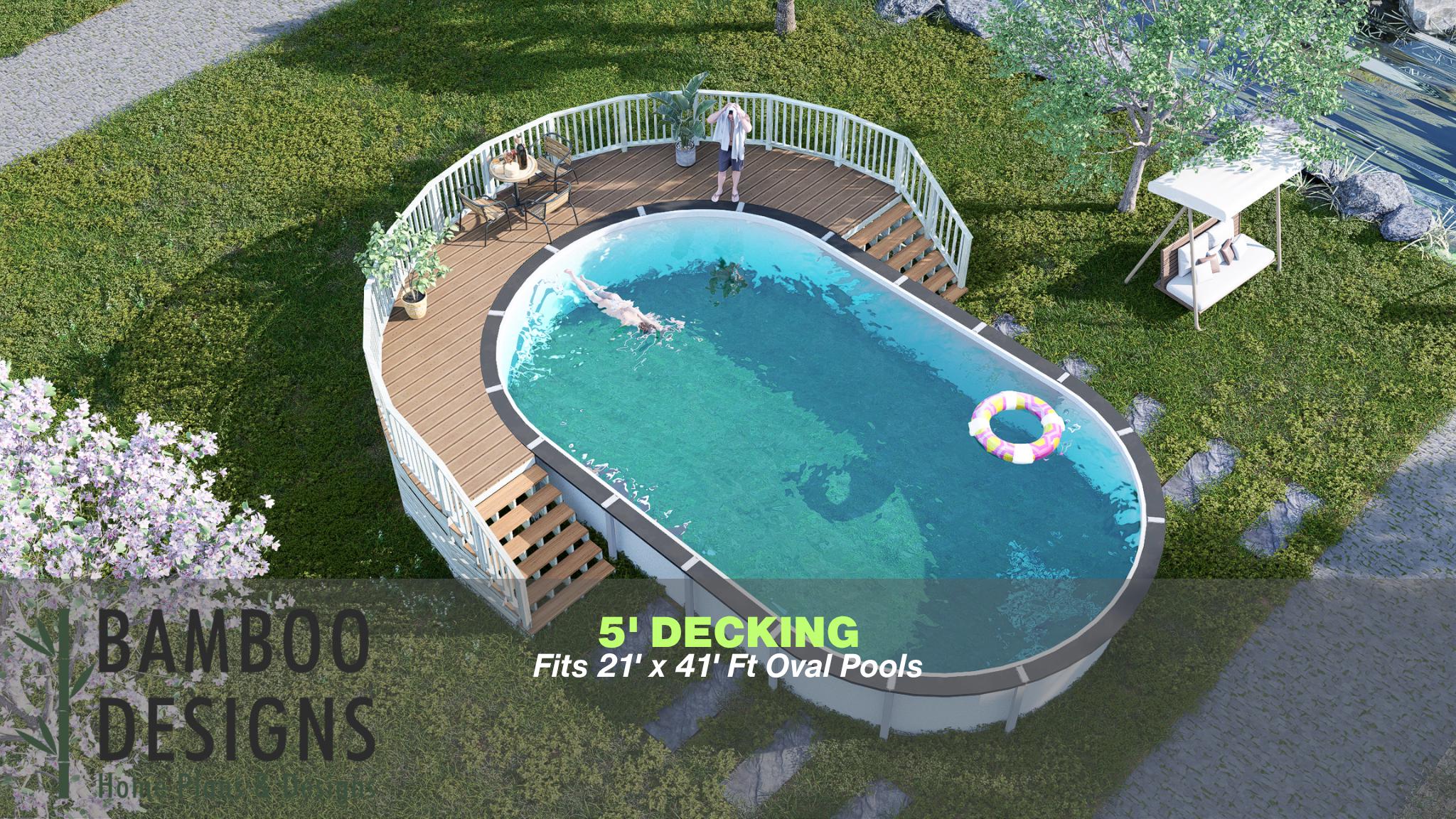 Image of Rosamond Oval Pool Deck Plan - 5' Wrap Around Deck with Dual 6-Step Staircases | DIY PDF Plans