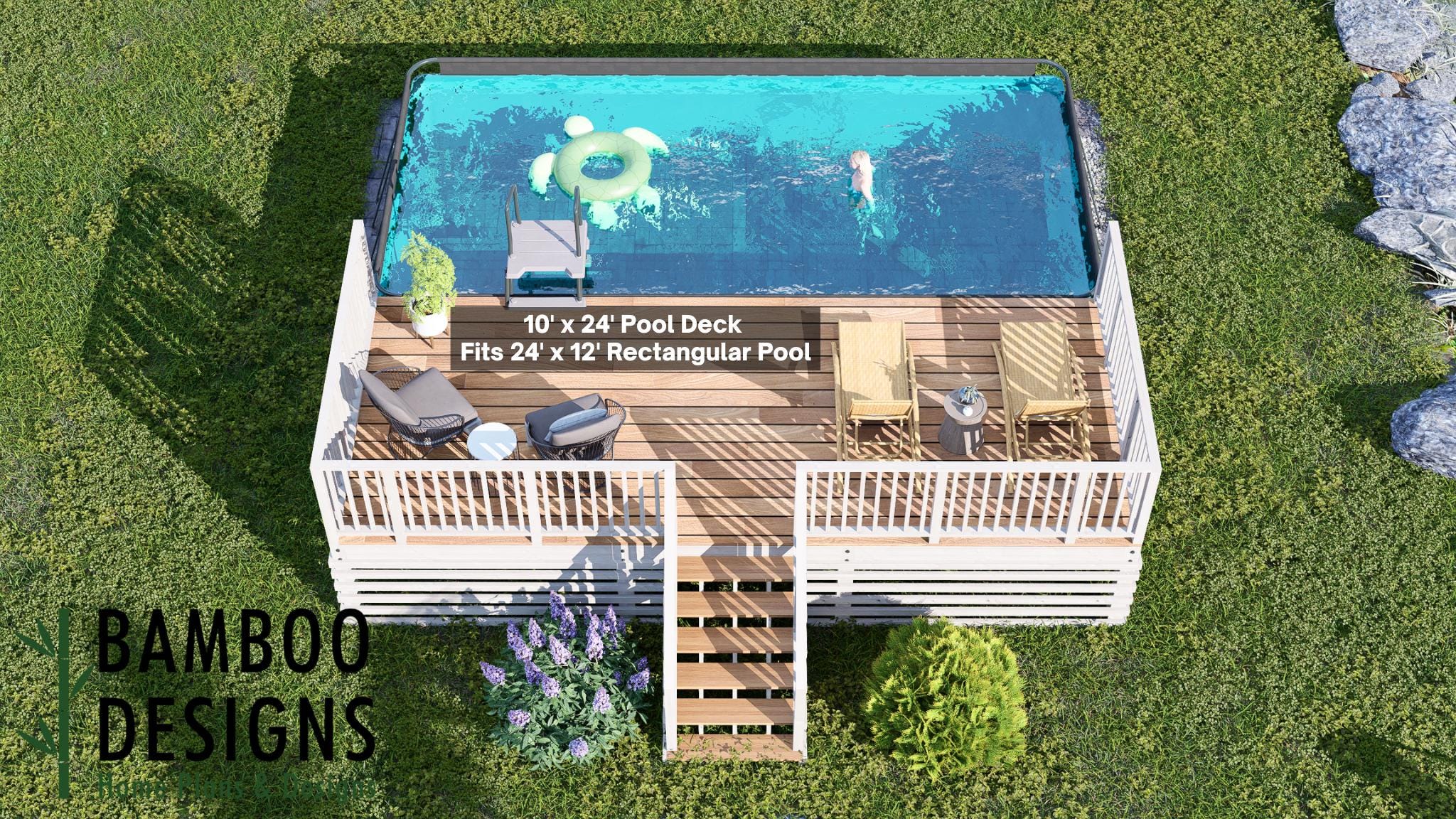 Image of Lake Heron 10x24 Rectangle Pool Deck Plan - Elevated Above-Ground Pool Deck with Railings & Staircase | DIY PDF