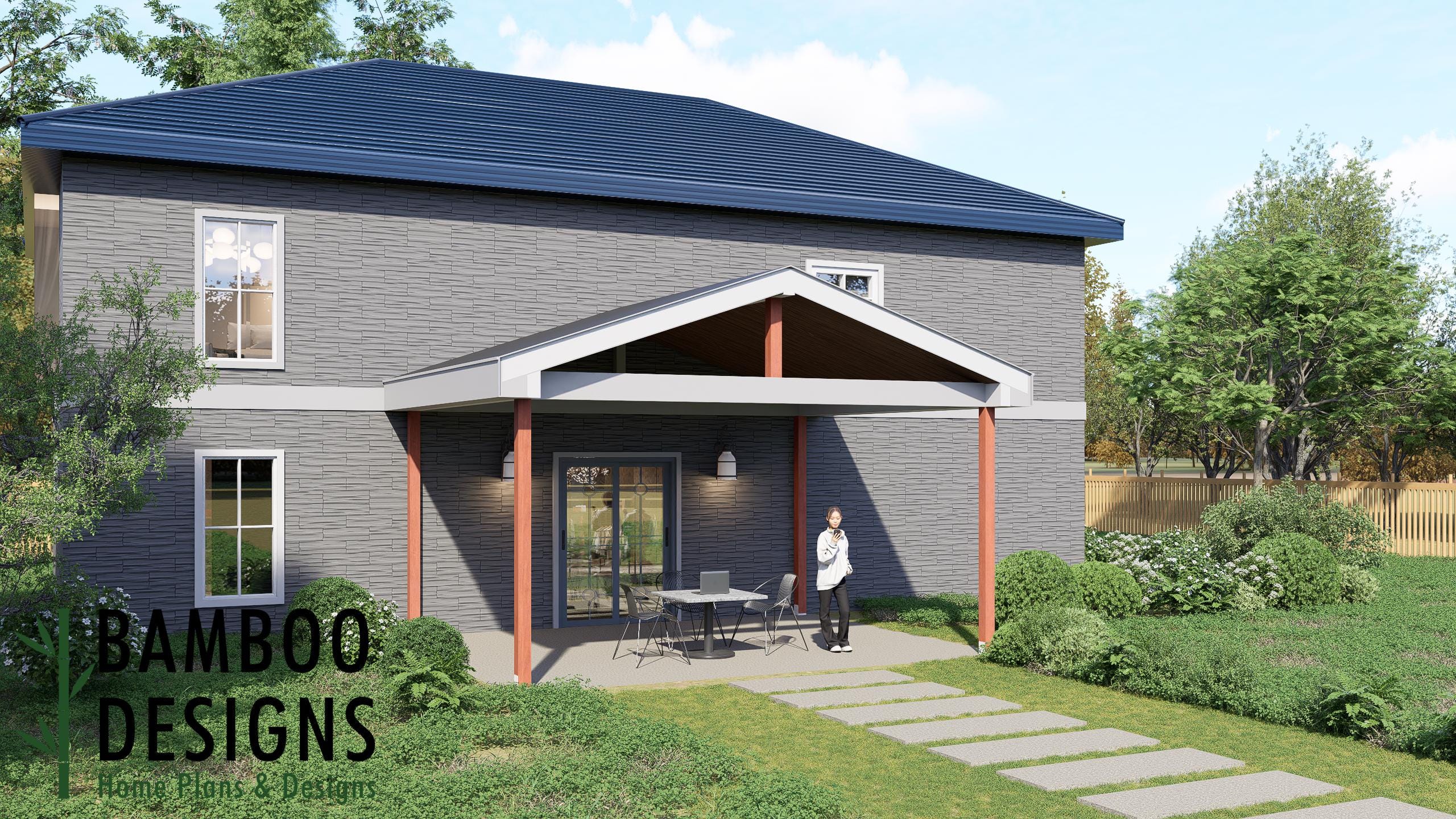 Image of Bogen Covered Porch Plan - 16x20 Modern Gable Patio Cover with Open-Air Lounge Space | DIY PDF Plans