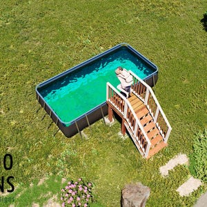 May include: A rectangular above-ground swimming pool with dark gray sides and turquoise water, featuring a wooden staircase with white railings leading to the edge. The text BAMBOO DESIGNS Home Plans & Designs is visible in the bottom left corner.