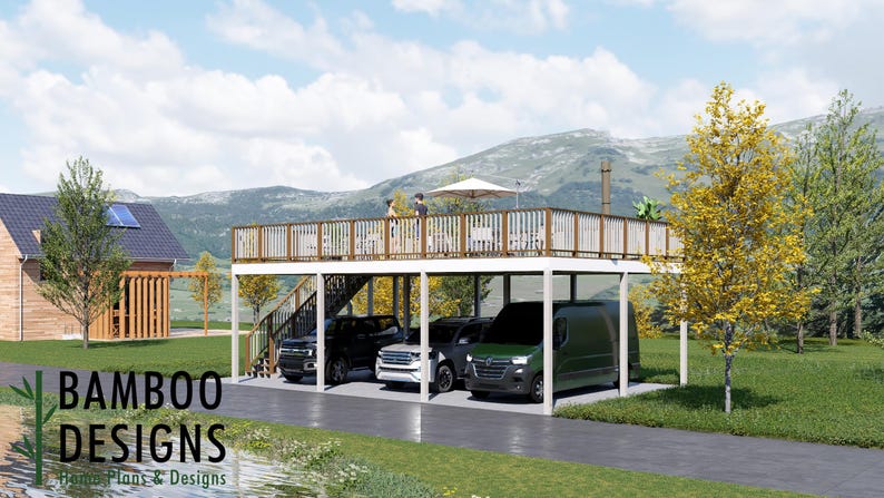 Carles 24x36 Carport Plan with Deck Above — Large Covered Parking & Elevated Outdoor Living plan by Bamboo Designs