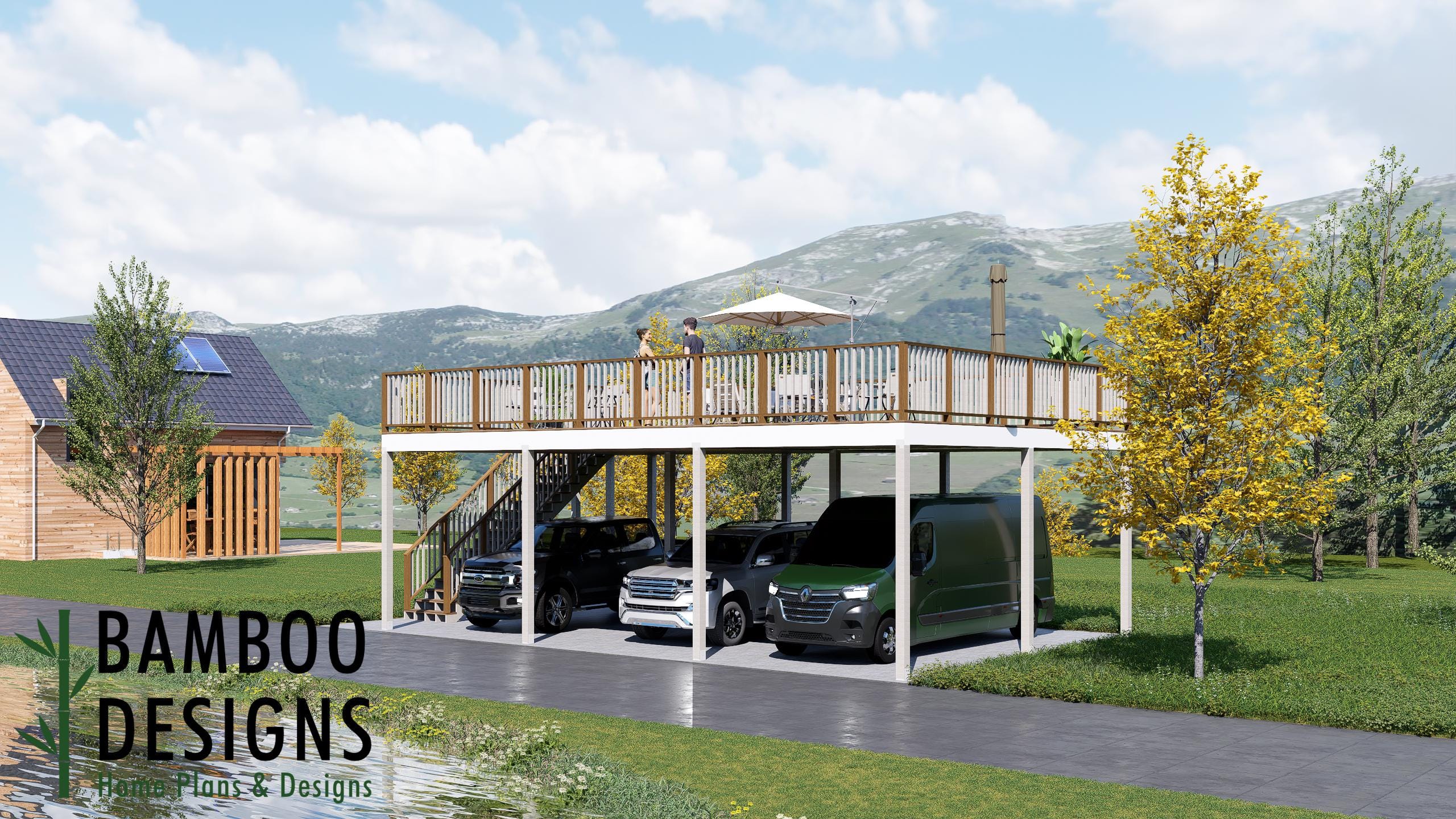 Image of Carles 24x36 Carport Plan with Deck Above — Large Covered Parking & Elevated Outdoor Living | DIY PDF Plans