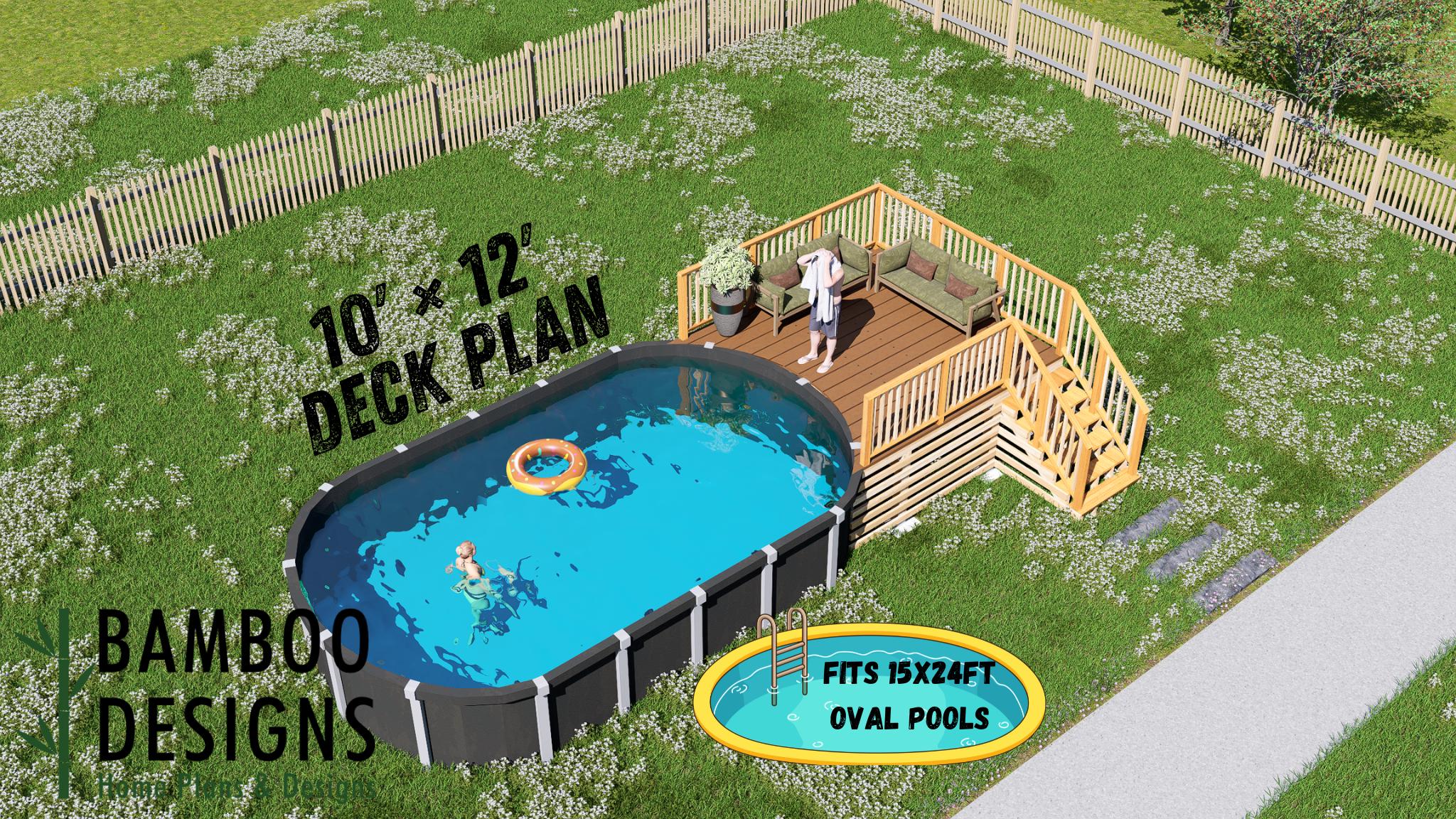 Plano de terraza de piscina ovalada Aragorn: terraza elevada de 10 x 12 para piscinas elevadas de 15 x 24
