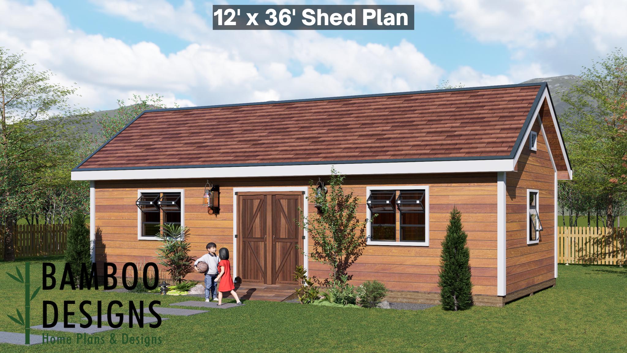 Image of Velara 12x36 Gable Roof Shed Plan - Large Workshop, Studio, or Backyard Office | DIY Building Plans (PDF)