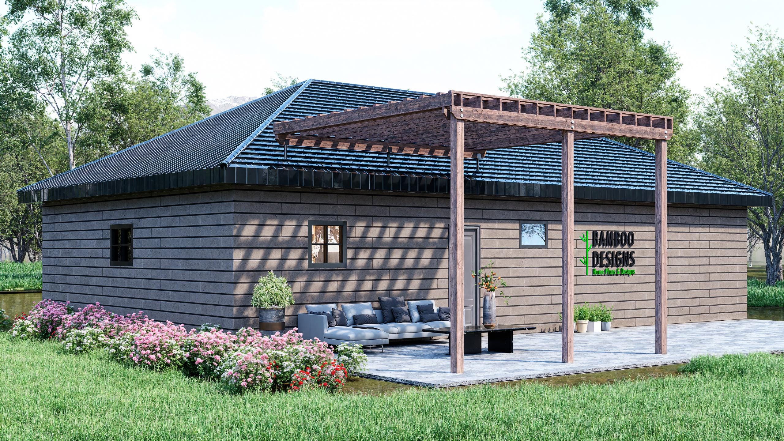 Image of Phoenix Shade 16x16 Roof-Mounted Pergola Plan - Modern Patio Overhang PDF - DIY Wall-Attached Cover - Instant Download Blueprint