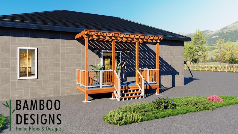 Diatta 8x18 Attached Deck Plan with Pergola plan by Bamboo Designs