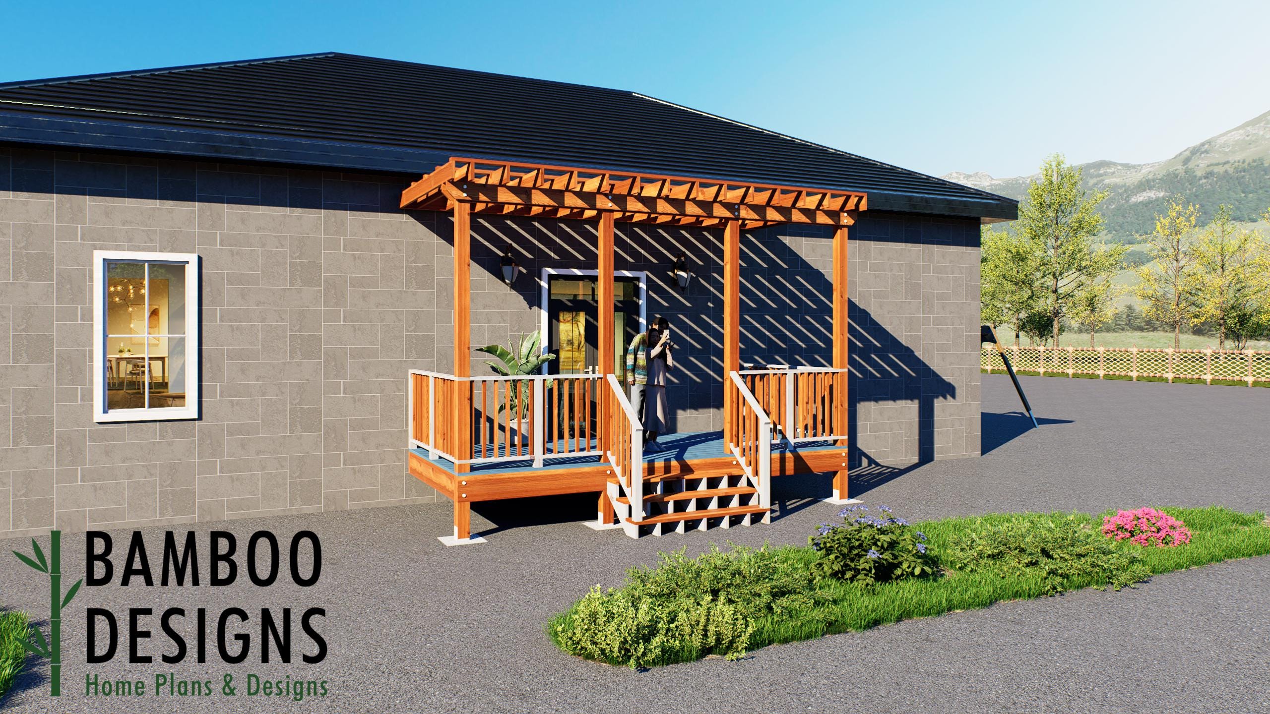 Image of Diatta 8x18 Attached Deck Plan with Pergola - Space-Saving Outdoor Living Deck with Stylish Architectural Appeal