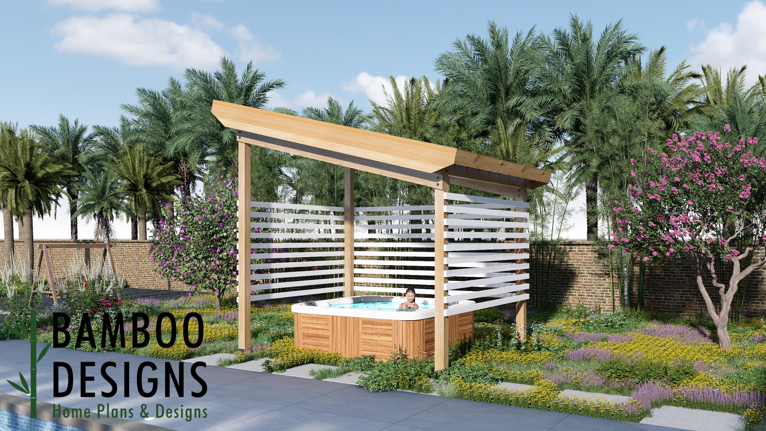 Image of Desert Haven Jacuzzi Pergola Plan - 12x10 Hot Tub Cover with Privacy Panels | DIY Spa Shelter PDF + DWG
